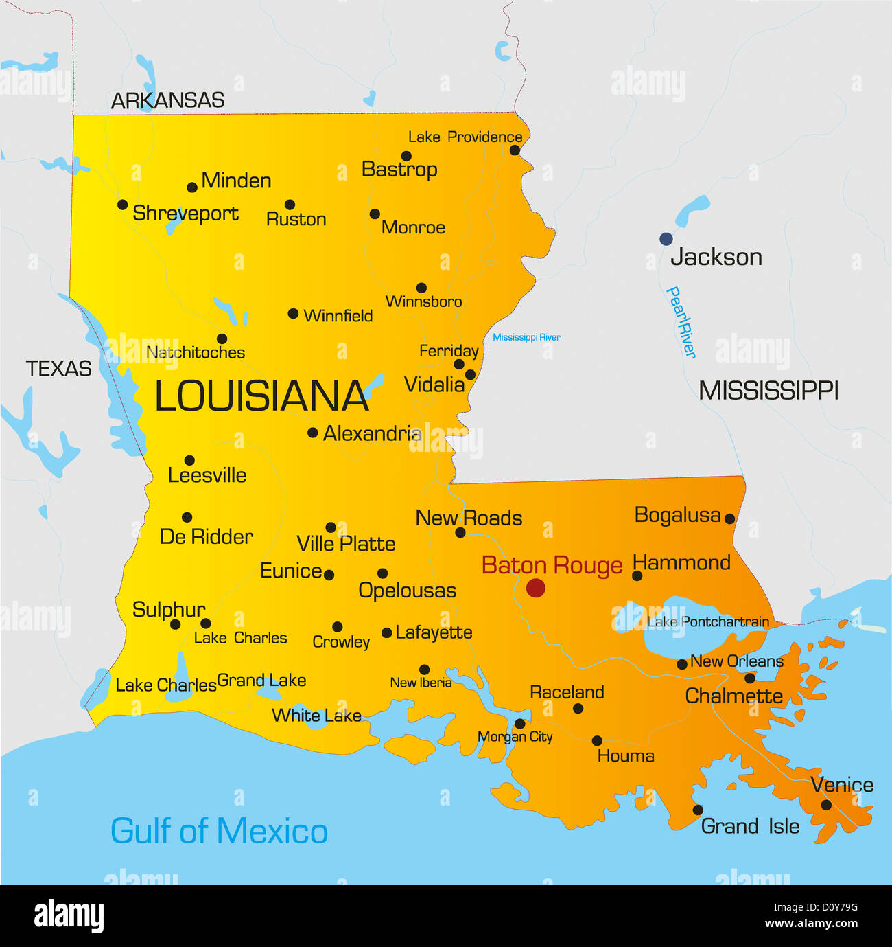 The map shows the geographic regions of Louisiana. In which region is the  city of Baton Rouge located? 