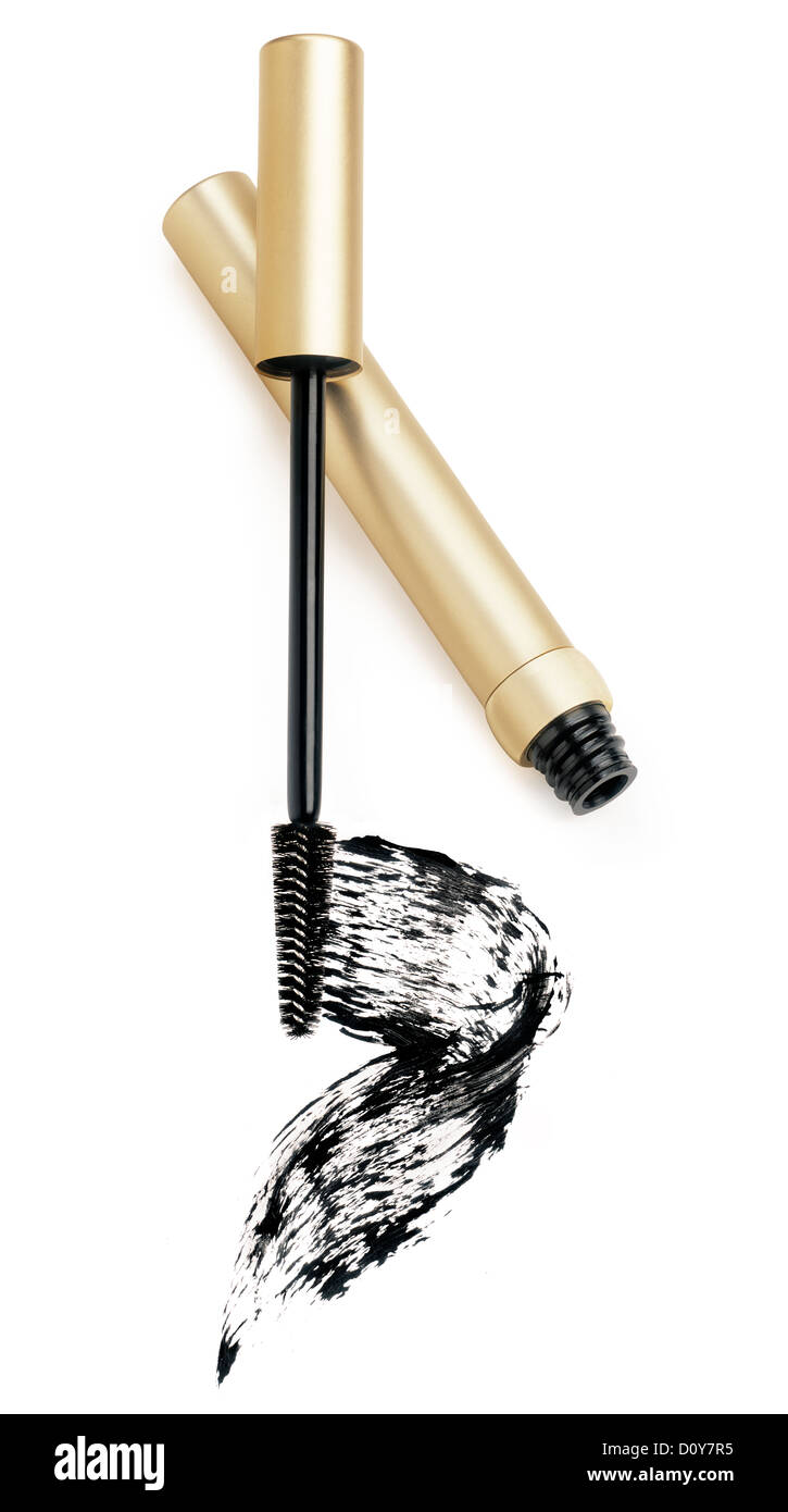 Mascara, wand applicator and black stroke against white background Stock Photo