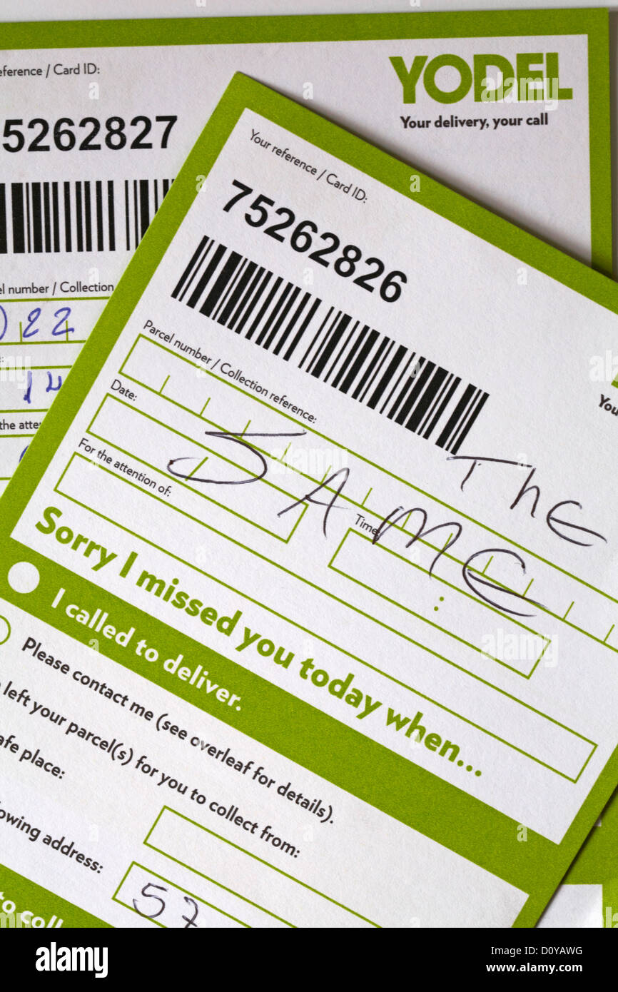 Sorry I missed you today when - cards left by Yodel courier as no one home to receive parcel package mail Stock Photo