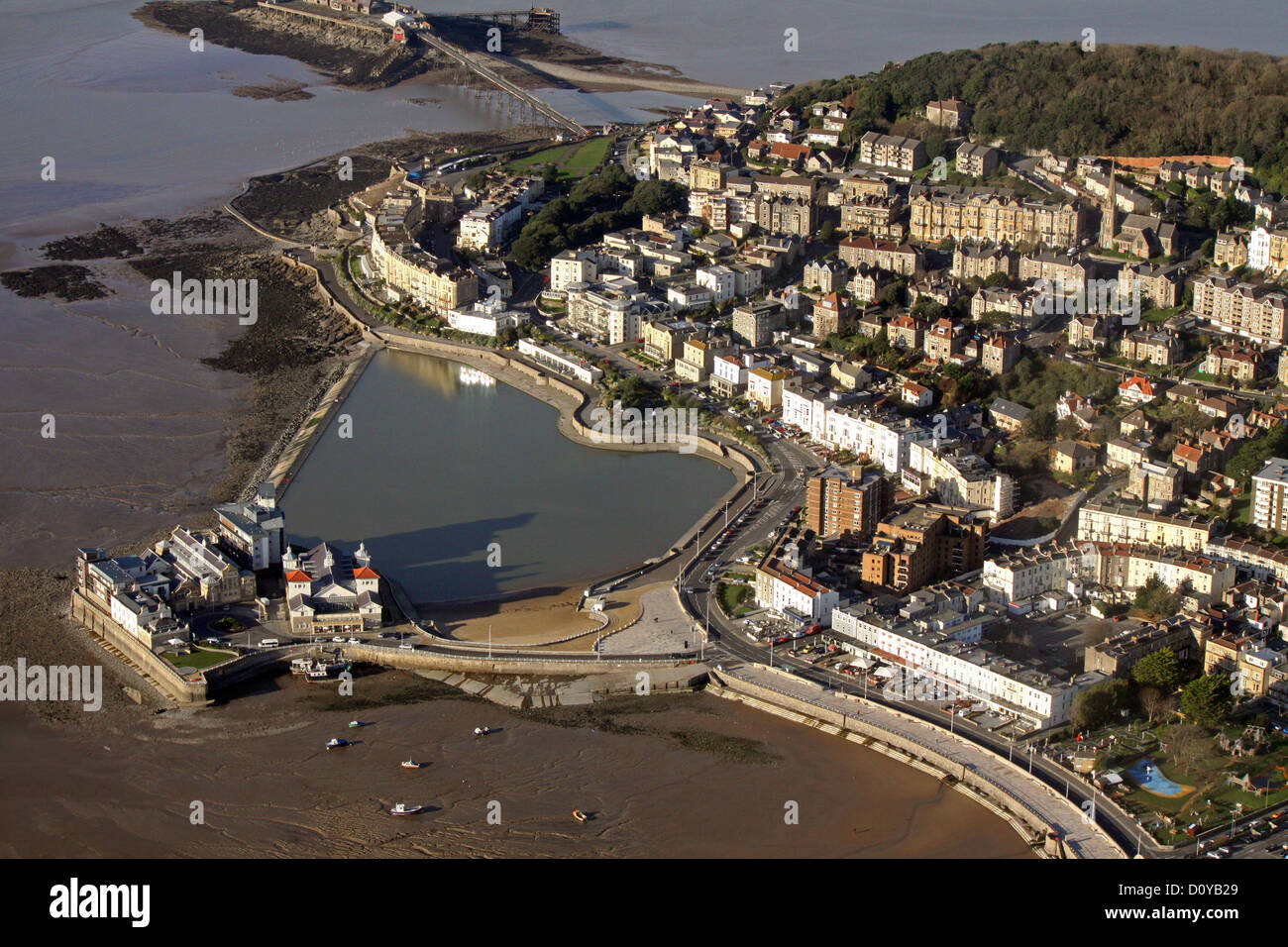 aerial view of Marine Lake at Weston-super-Mare with Weston Bay in the foreground and Worlebury Hill behind Stock Photo