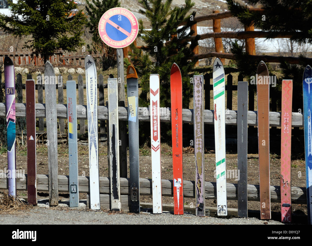 A picket fence made using old skis. Val d'Isere, Savoie, France. Stock Photo