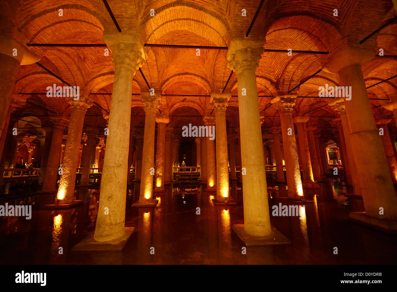 Lights on the marble columns refected in water of the underground Basilica Cistern of Istanbul Turkey Stock Photo