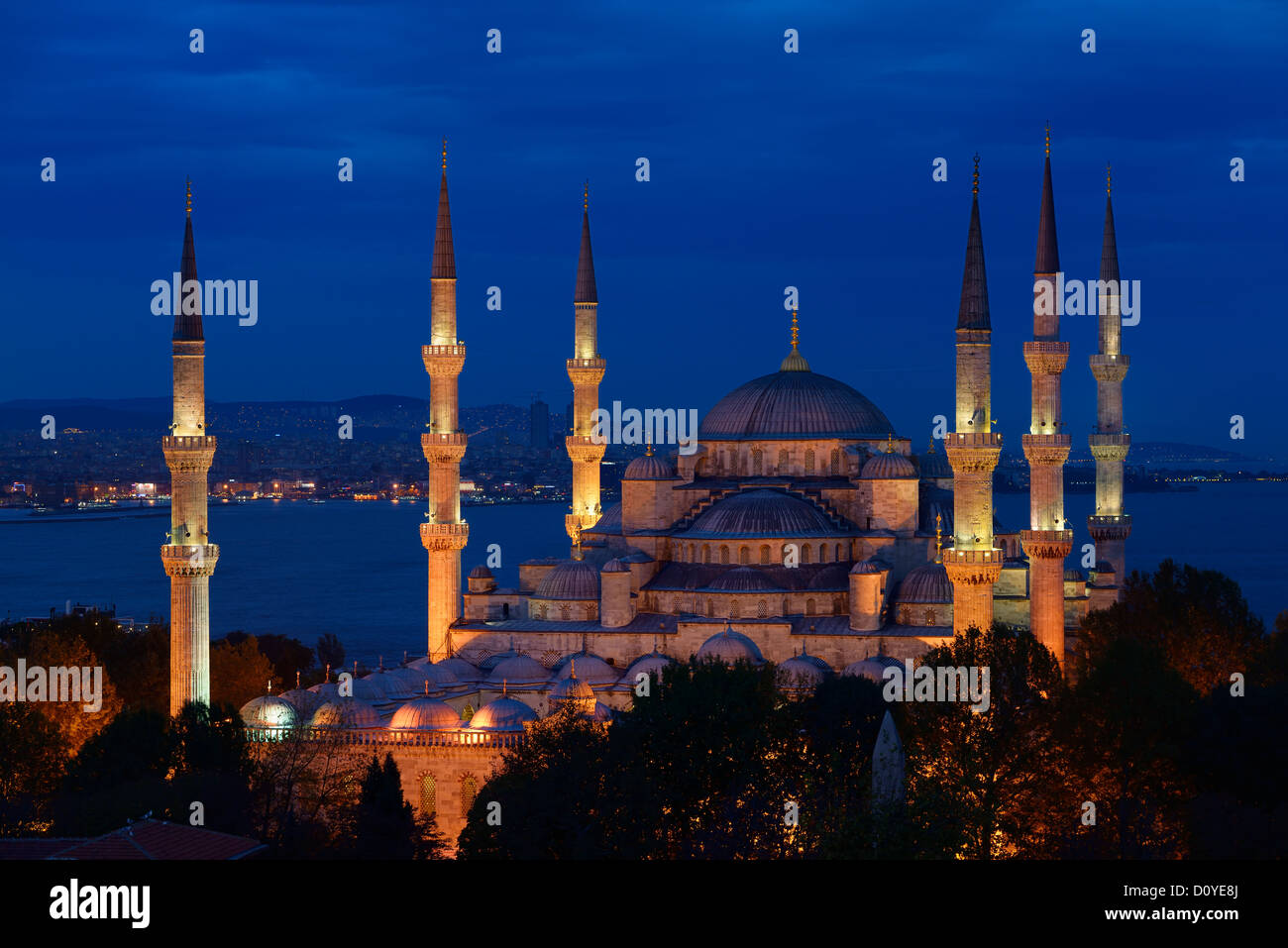 Blue Mosque with lights at dusk on the Bosphorus Sultanahmet Istanbul Turkey Stock Photo