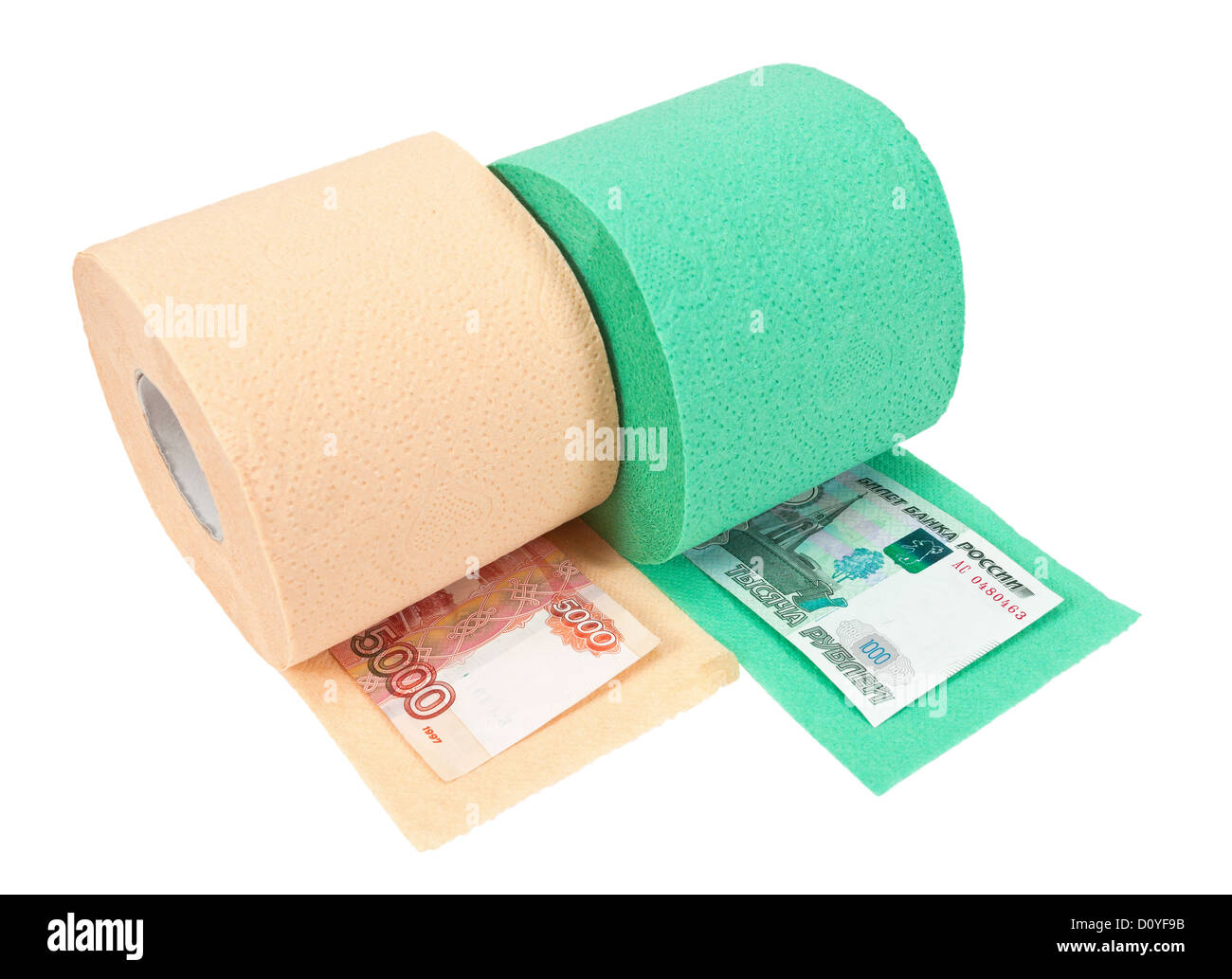 Rolls of toilet paper and money isolated on white background Stock