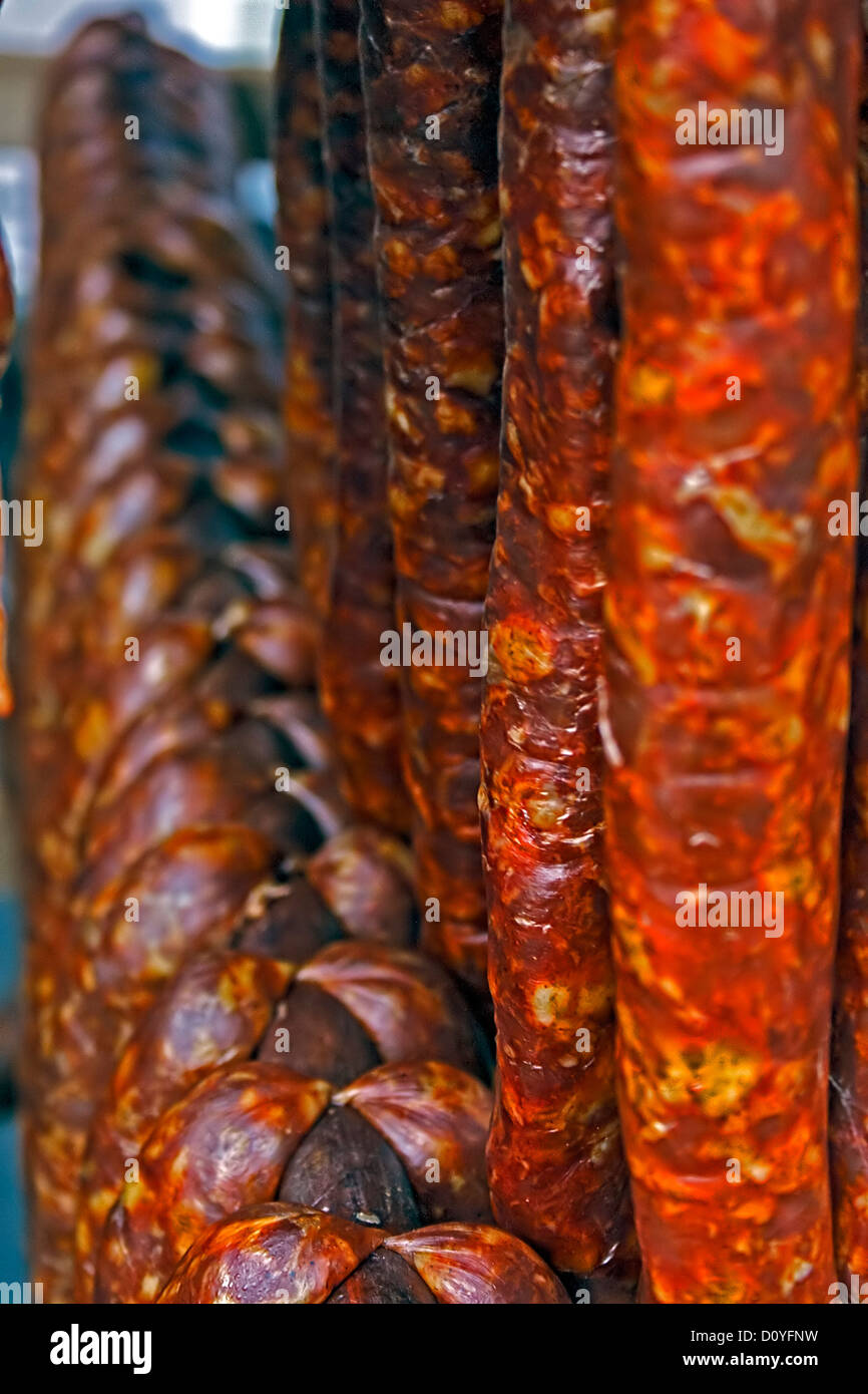 Various types of romanian sausages (carnati), smoked and dried, exposed