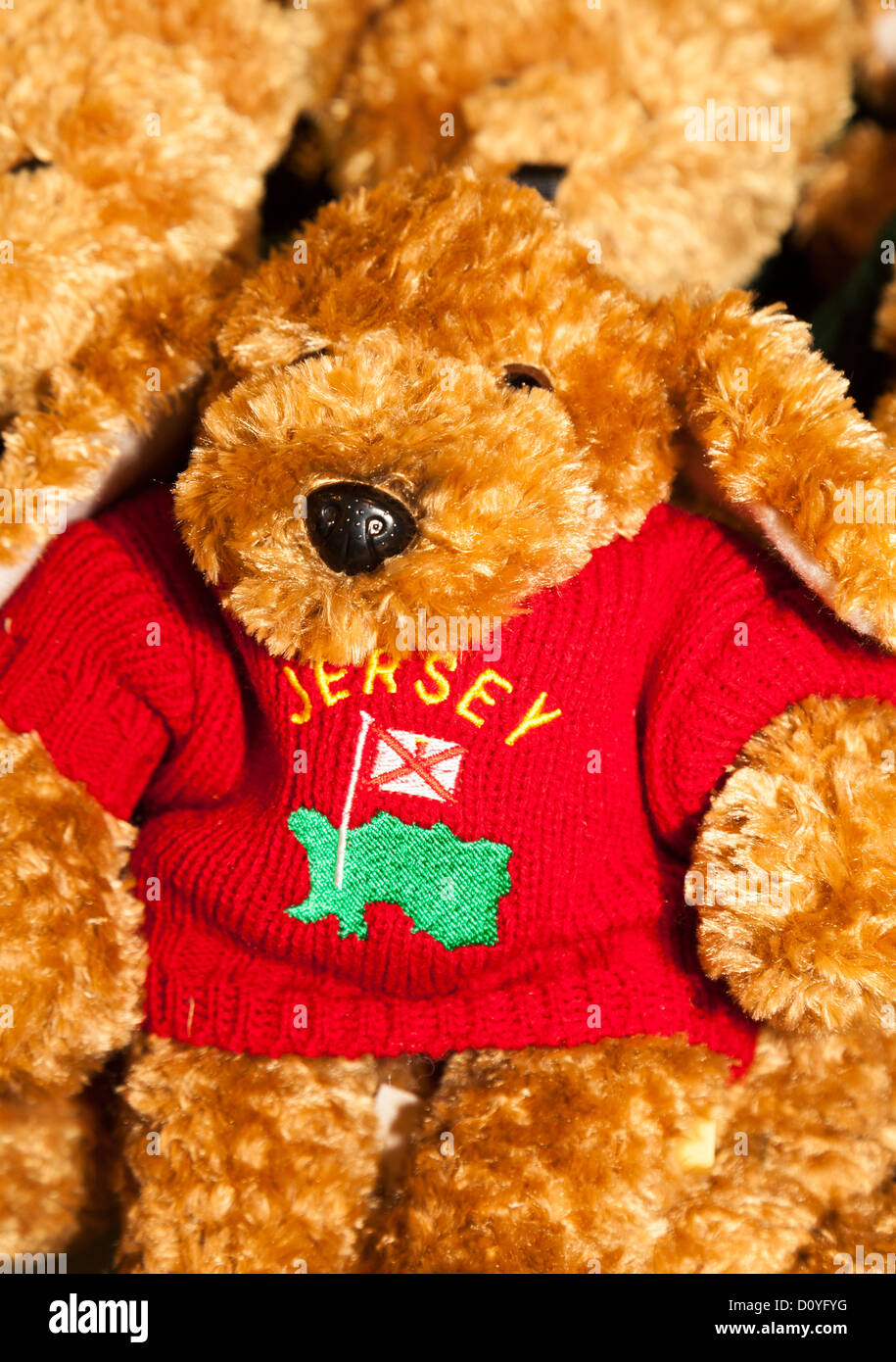 Toy bears with Jersey and map on front, Jersey, Channel islands, UK Stock Photo