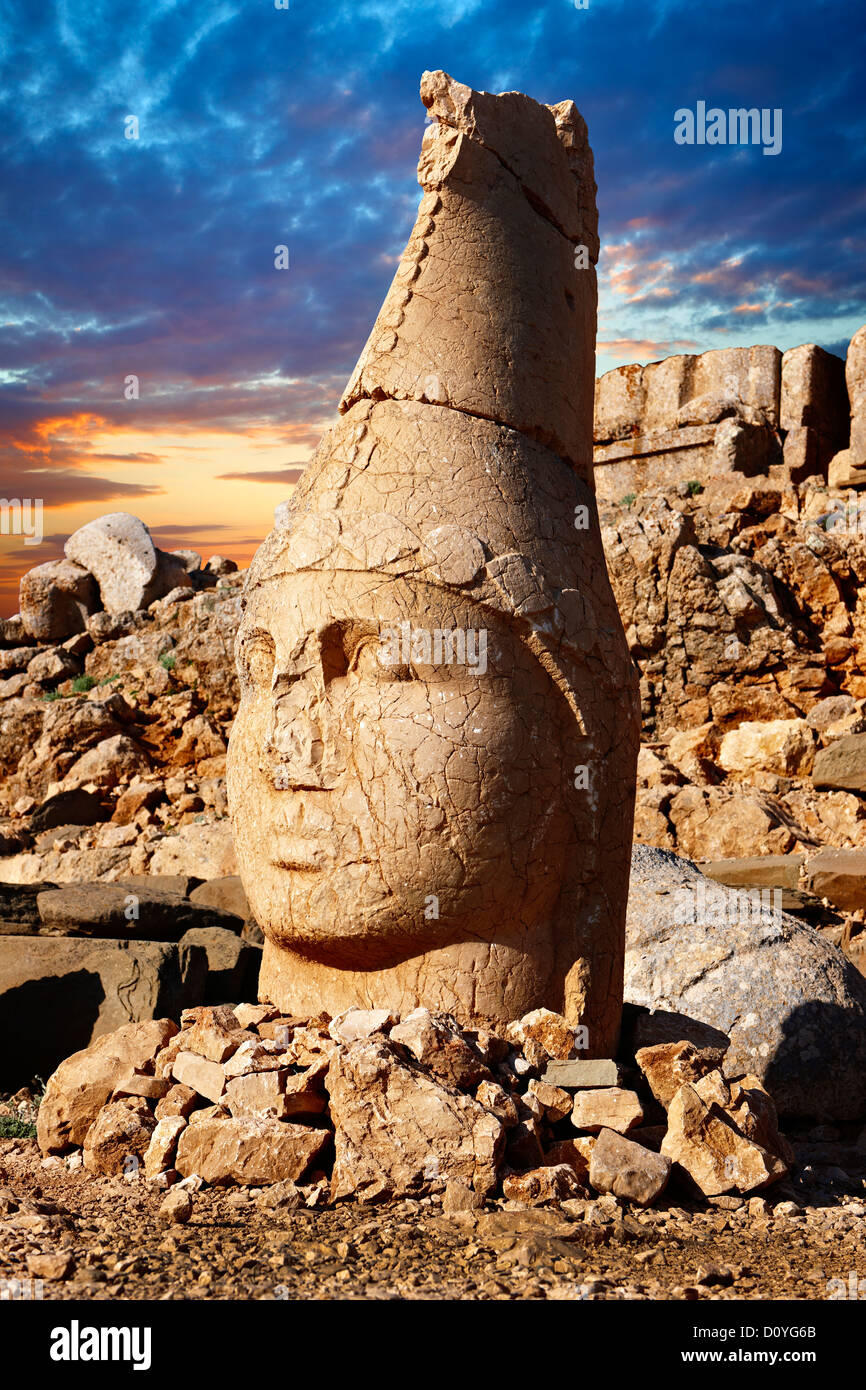 Pictures & Images of the statues of around the tomb of Commagene King Antochus 1 on the top of Mount Nemrut, Turkey. Stock Photo