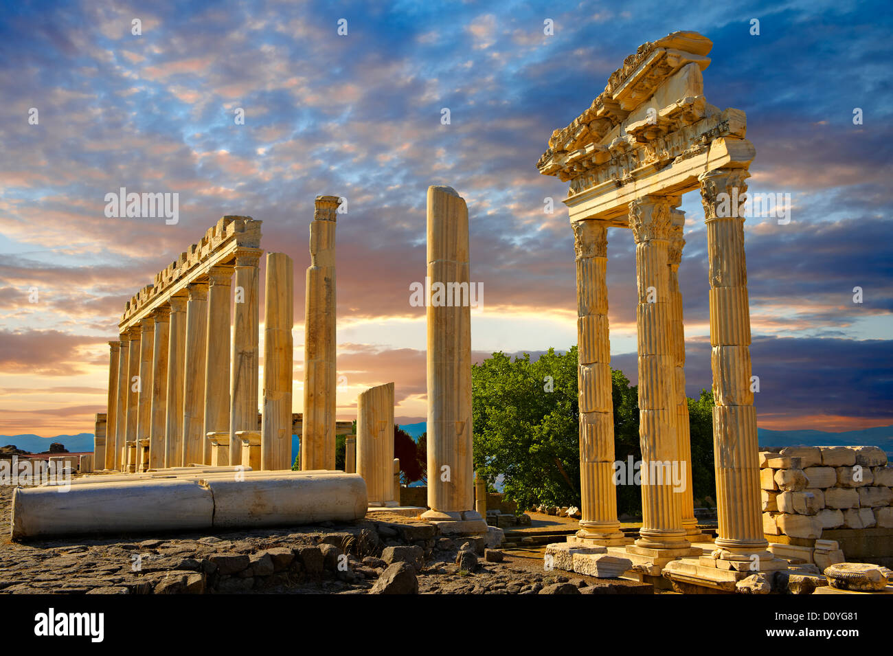 Pillars of the Greco - Roman Temple of Trajan, Pergamum archaeological site Stock Photo