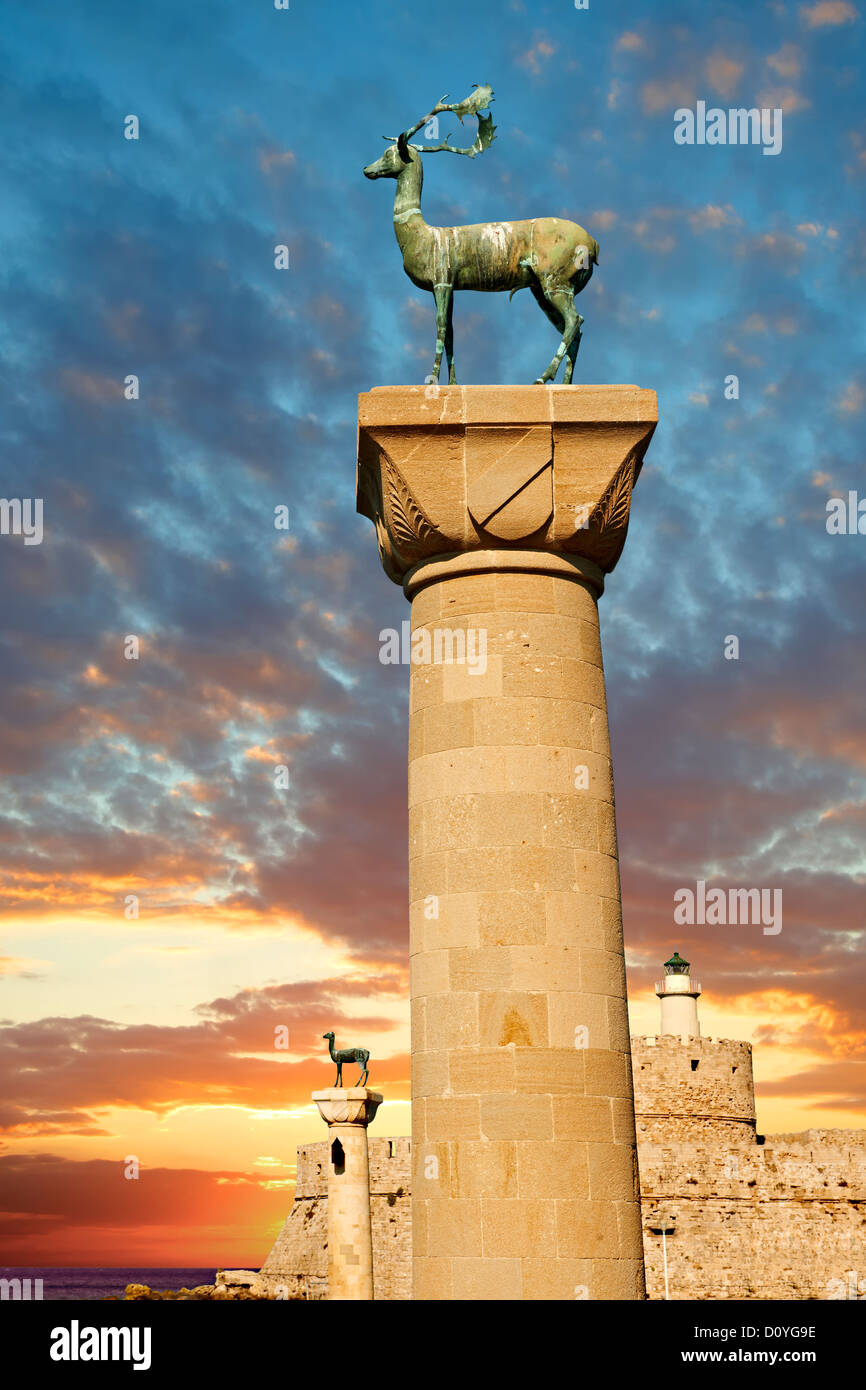 Columns with deer at the entrance to Madraki, the archaic naval docks. Rhodes, Greece. UNESCO World Heritage Site Stock Photo