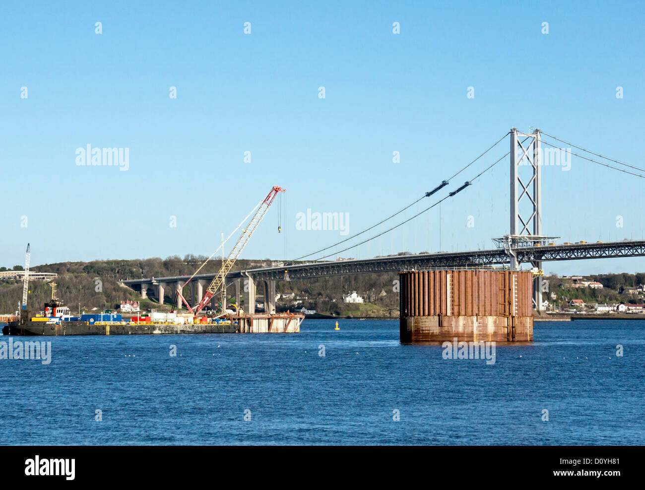 Caissons in place in the Firth of Forth Scotland for the building of the new Firth of Forth road called the Queensferry Crossing Stock Photo