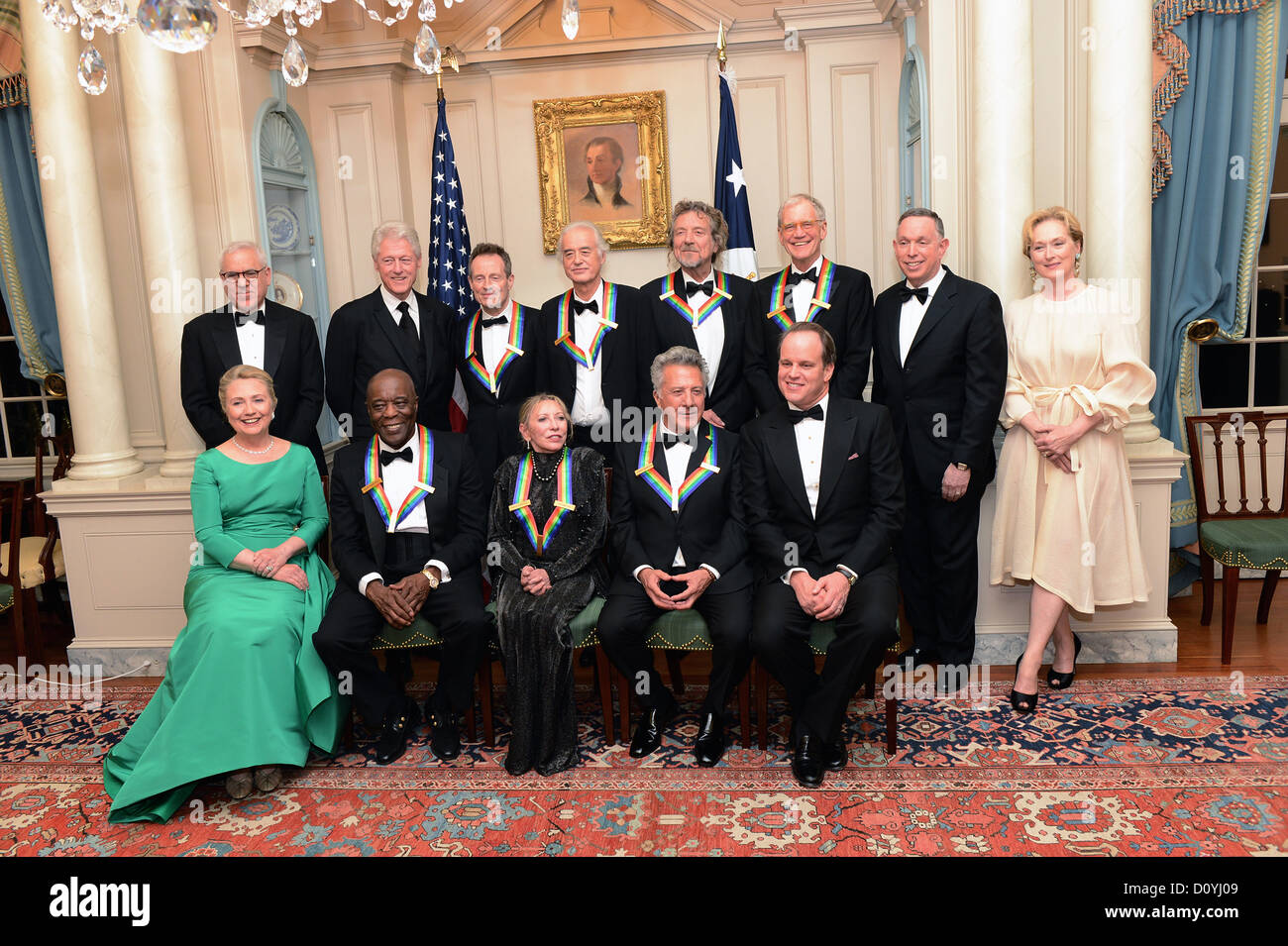 Kennedy Center Honorees. (L-R Back Row) Chairman of the John F. Kennedy Center for the Performing Arts, David M. Rubenstein, former US President Bill Clinton, John Paul Jones, Jimmy Page, Robert Plant, David Letterman, President of the John F. Kennedy Center for the Performing Arts Michael M. Kaiser and Meryl Streep. (L-R Front Row) US Secretary of State Hillary Rodham Clinton, Buddy Guy, Natalia Makarova, Dustin Hoffman and Michael Stevens, producer of the annual Kennedy Center Honors following a dinner for Kennedy honorees hosted by U.S. Secretary of State Hillary Rodham Clinton at the U.S. Stock Photo