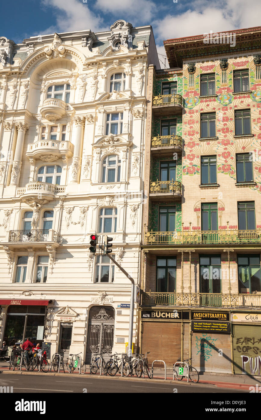 Ornately decorated building facades in Vienna, including Secession architect Otto Wager's Majolica House on the right. Stock Photo