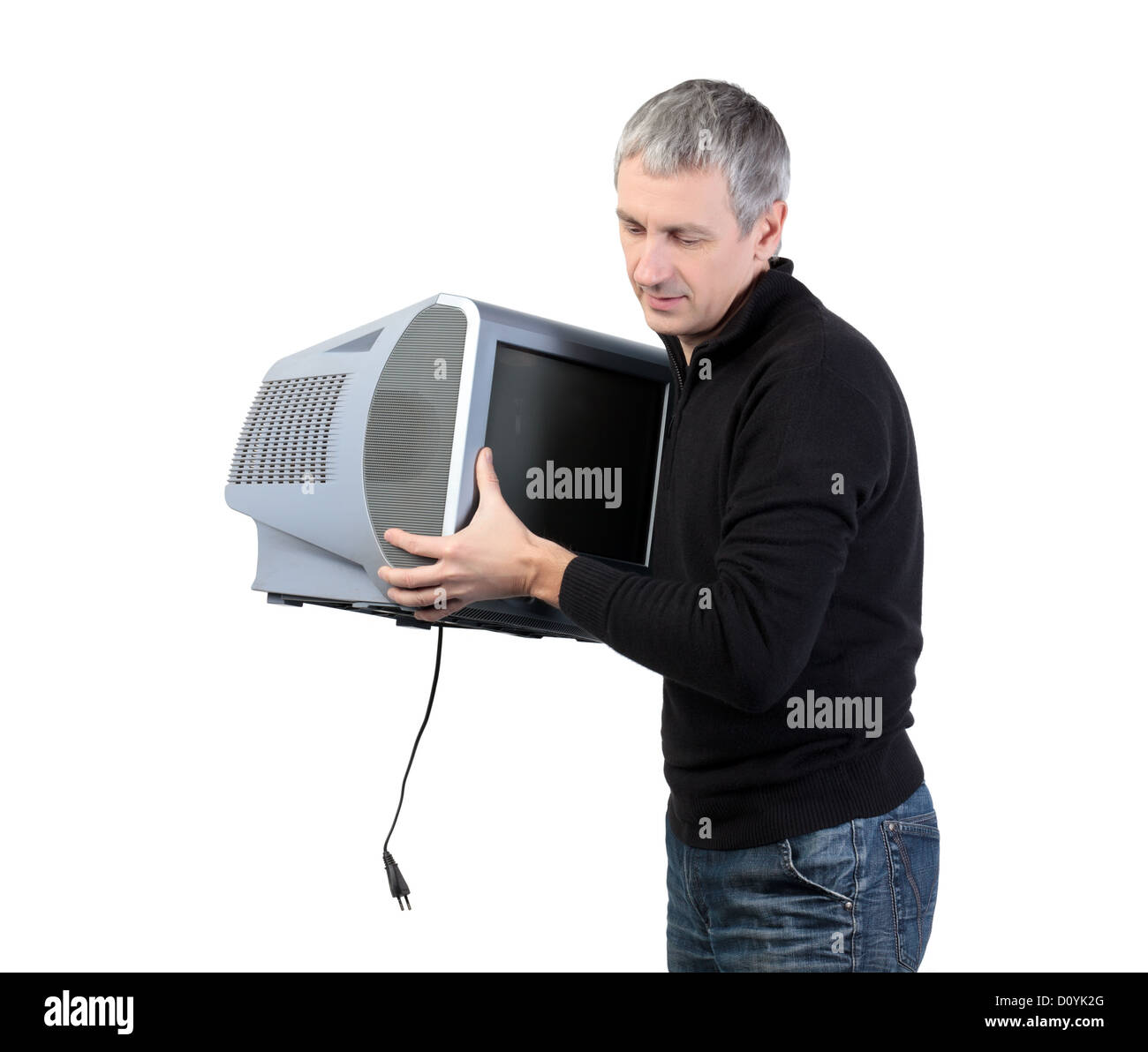 Man throws old TV Stock Photo Alamy