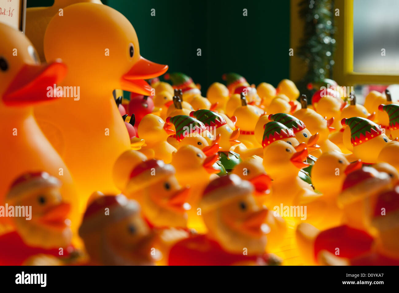 Holiday rubber ducks wearing Christmas hats Stock Photo