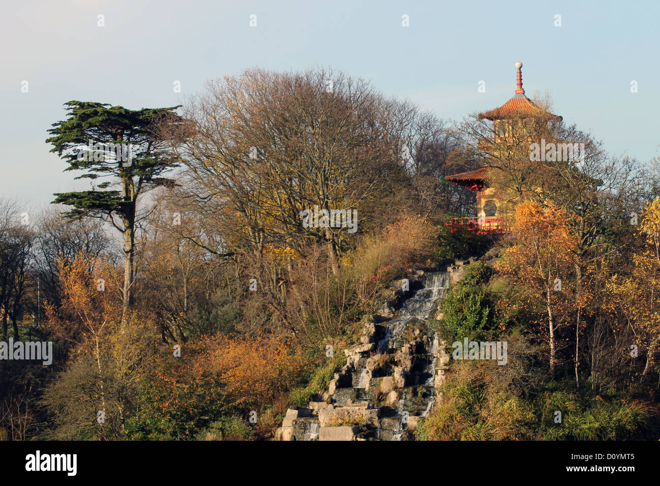 Scenic view of traditional Japanese pagoda and waterfall, Peasholm Park, Scarborough, England. Stock Photo