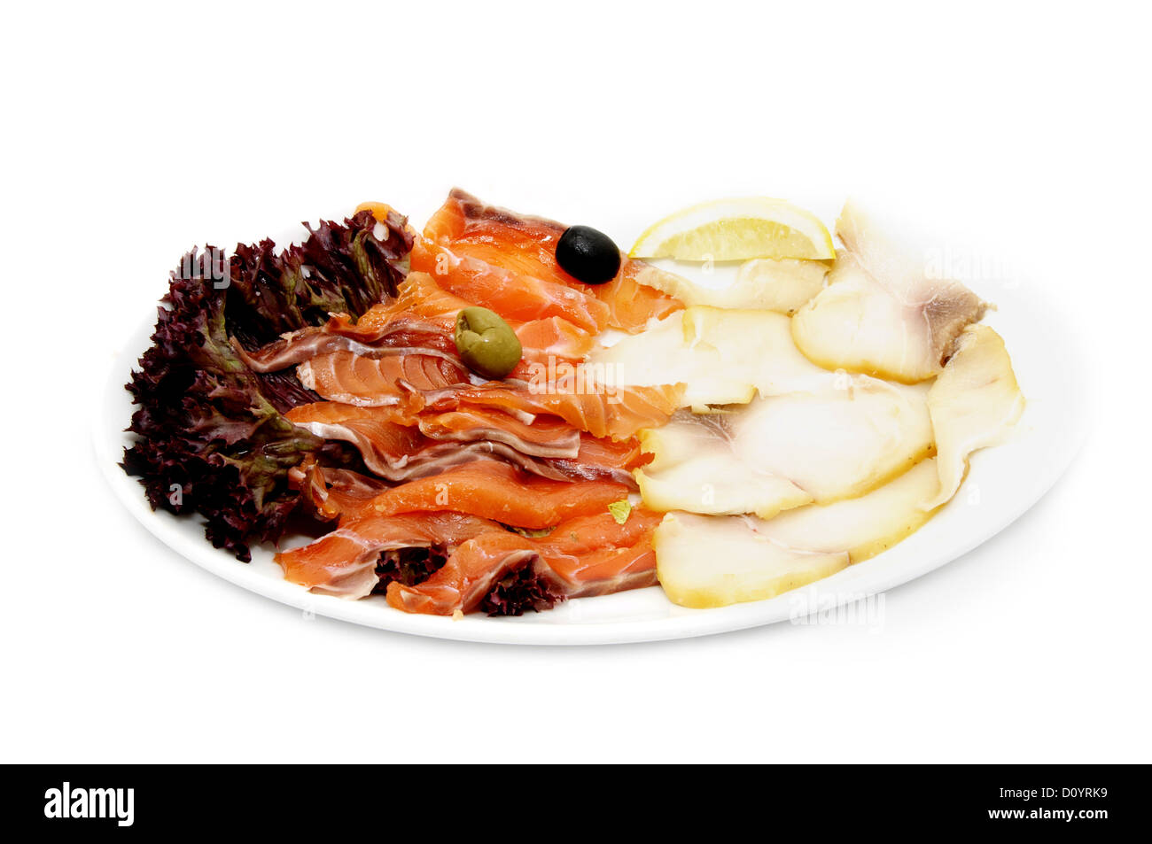 Sliced chum salmon and mackerel decorated with limes, lemons and olives  Stock Photo - Alamy