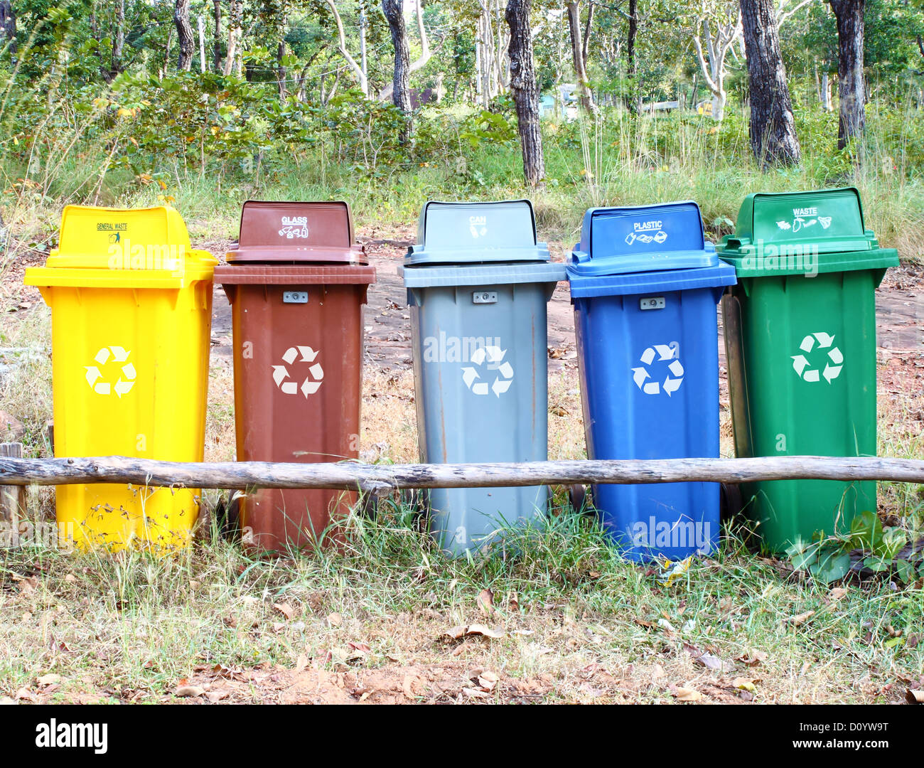 five colors recycle bins in the park Stock Photo