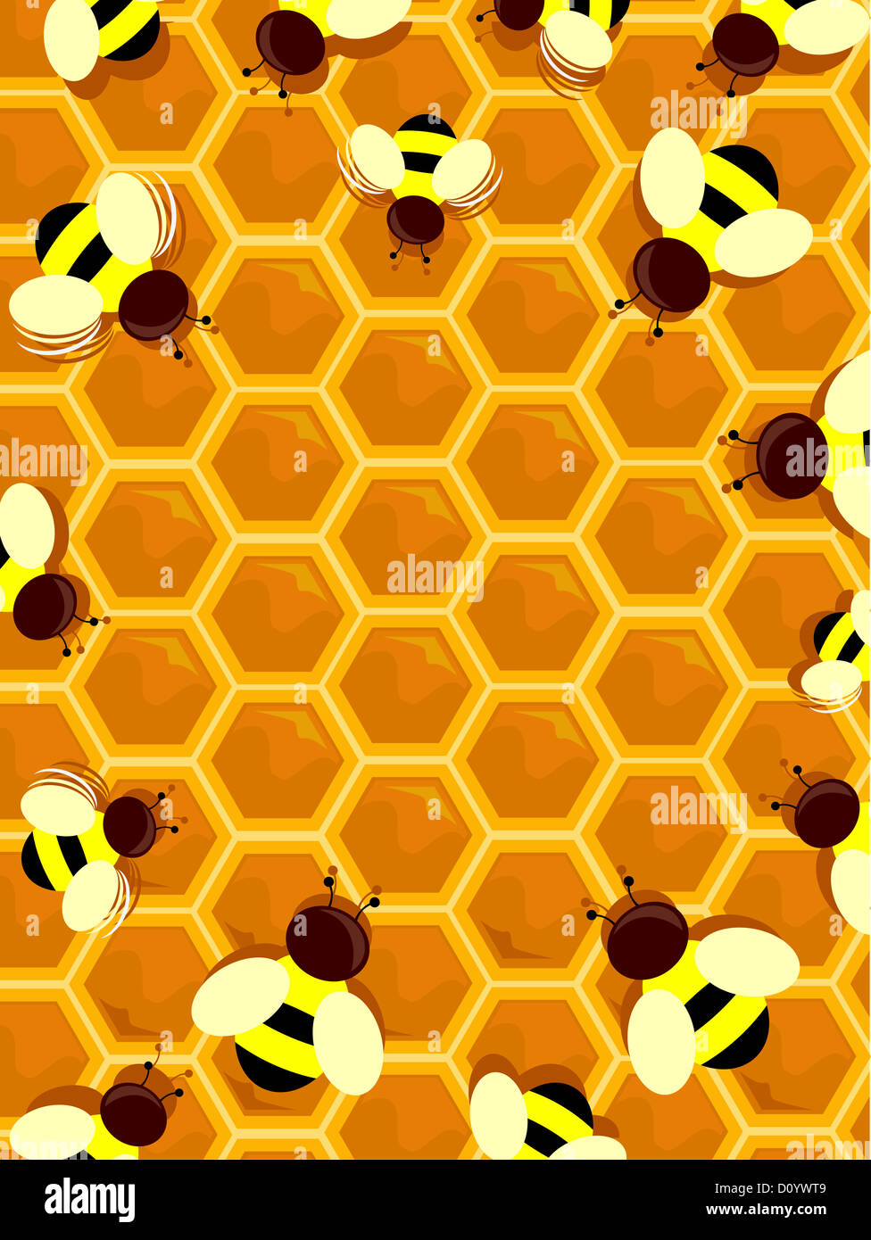 Illustration of a Beehive Frame with Honey Bees Stock Photo