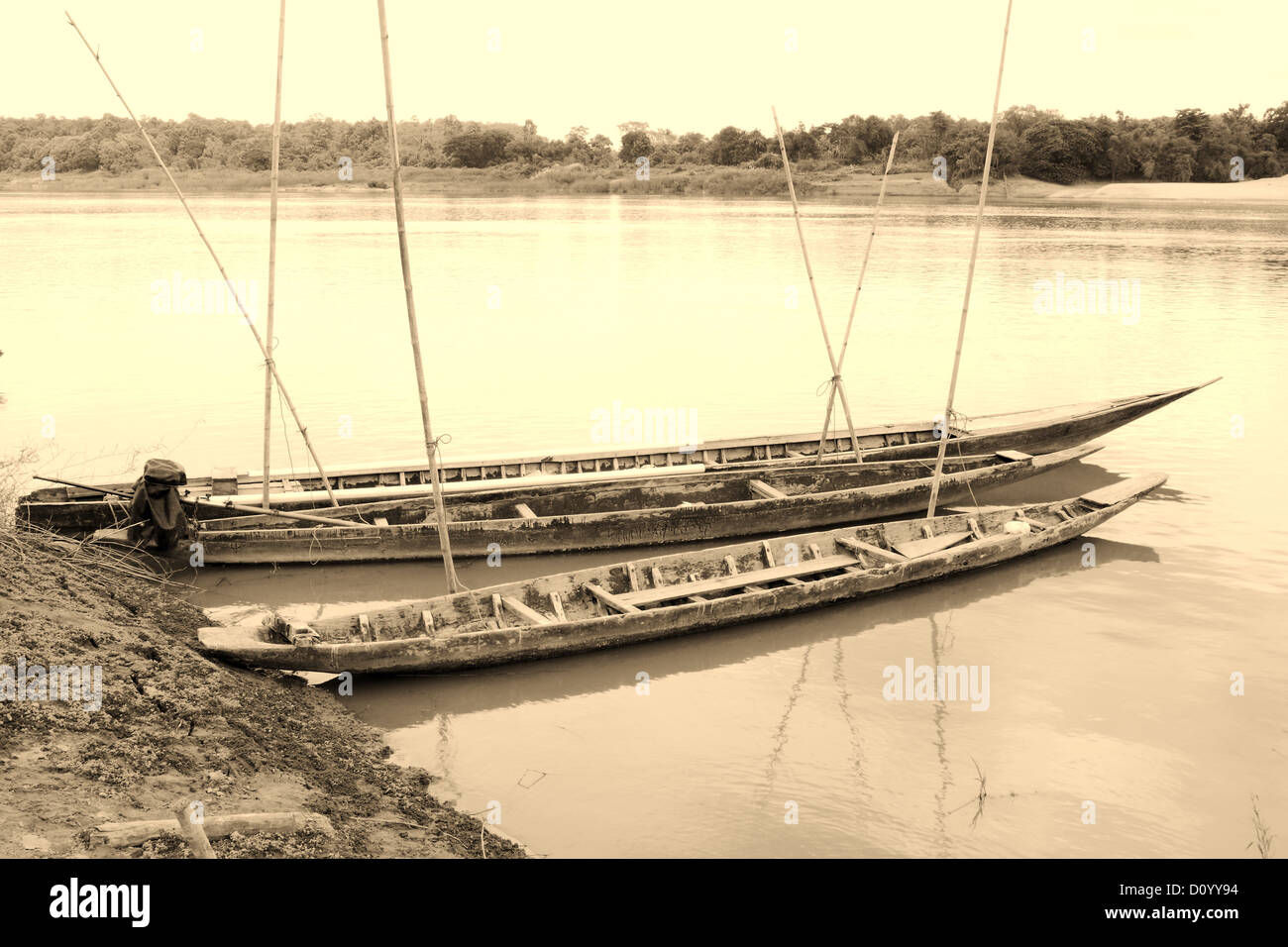 wooden boat on Mekong river, Thailand Stock Photo