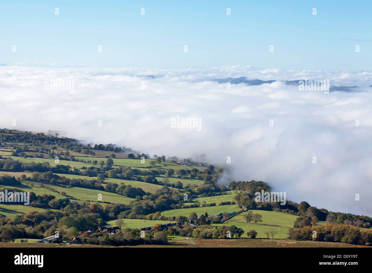 Early morning mist over Shropshire countryside near Ludlow, England, UK Stock Photo