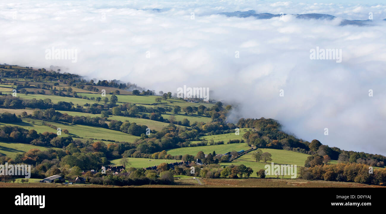 Early morning mist over the Shropshire countryside near Ludlow, England, UK Stock Photo