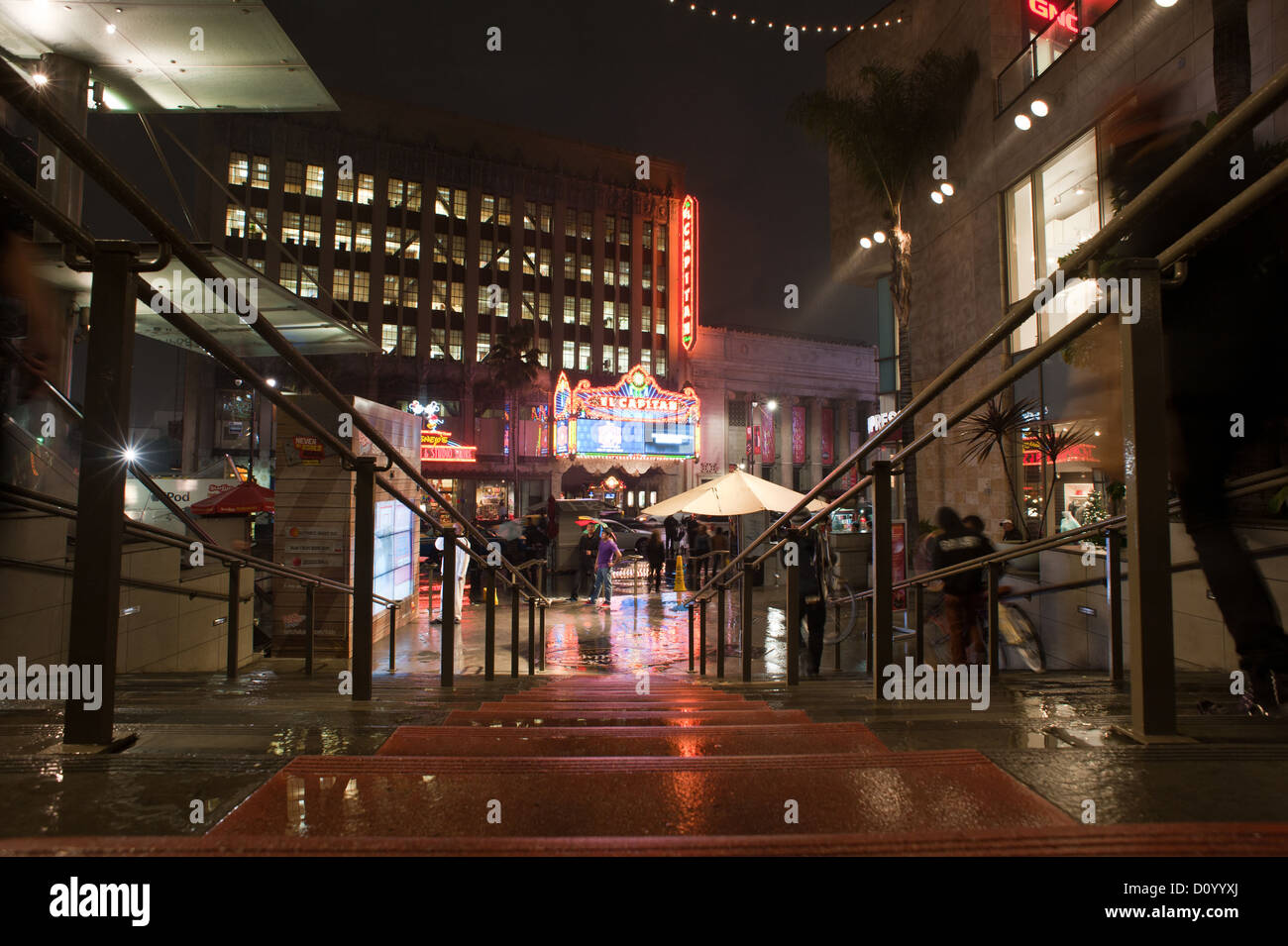 Nighttime view of Hollywood Boulevard from the steps of the Hollywood & Highland Center in Los Angeles, California. Stock Photo
