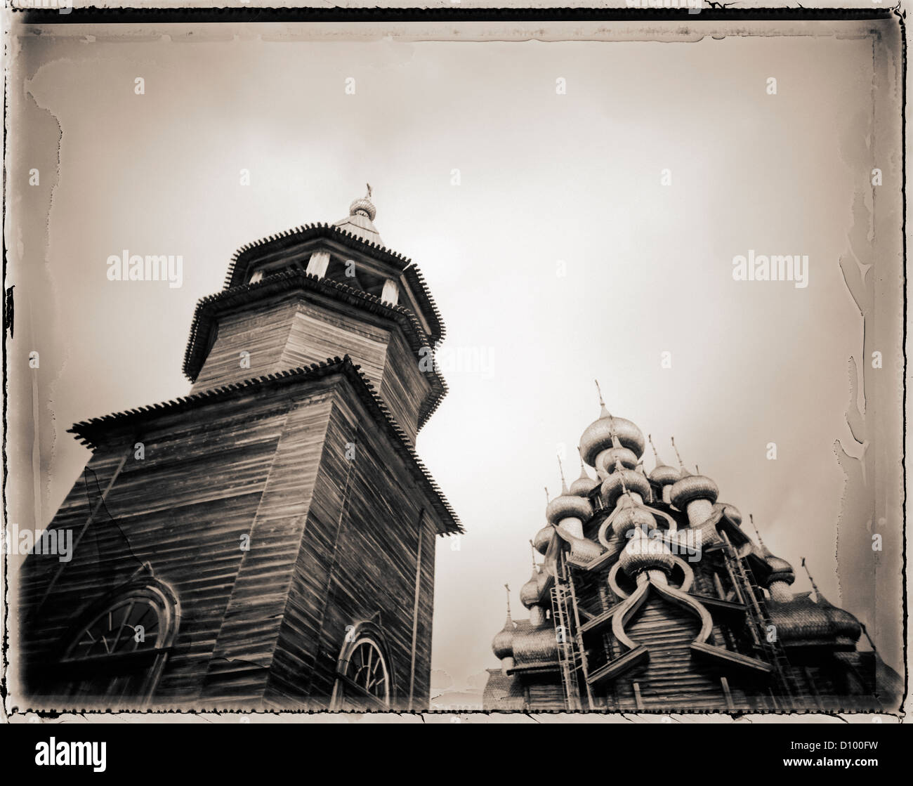 Bell tower and Transfiguration Cathedral on Kizhi Island Russia Stock Photo