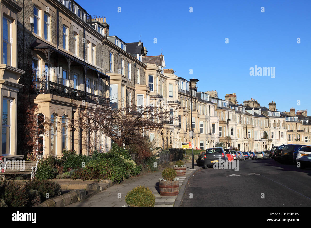 Victorian crescent of terraced houses within Percy Gardens Tynemouth, north east England UK Stock Photo