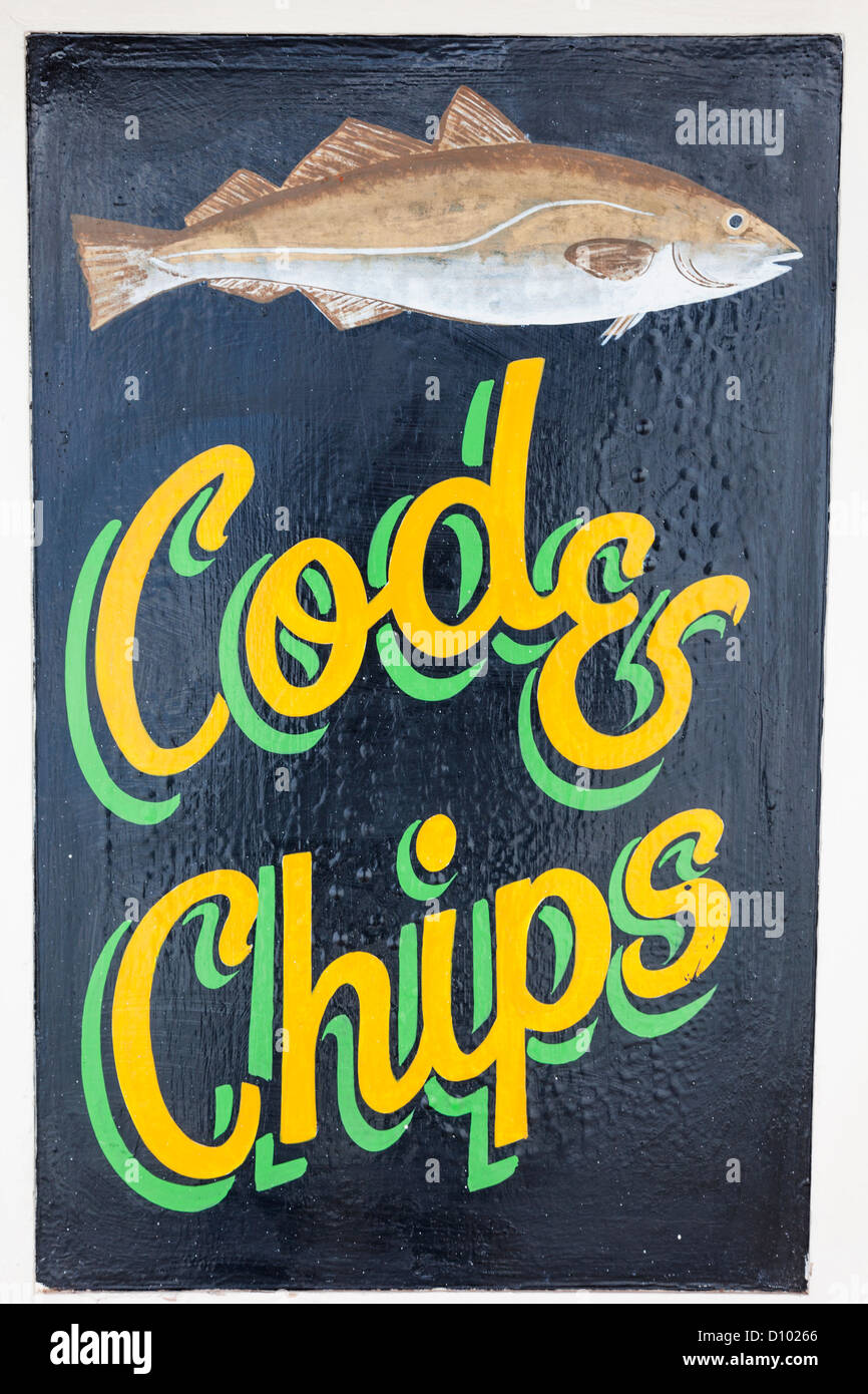 England, Devon, Paignton, Paignton Beach, Fish and Chip Shop Sign Stock