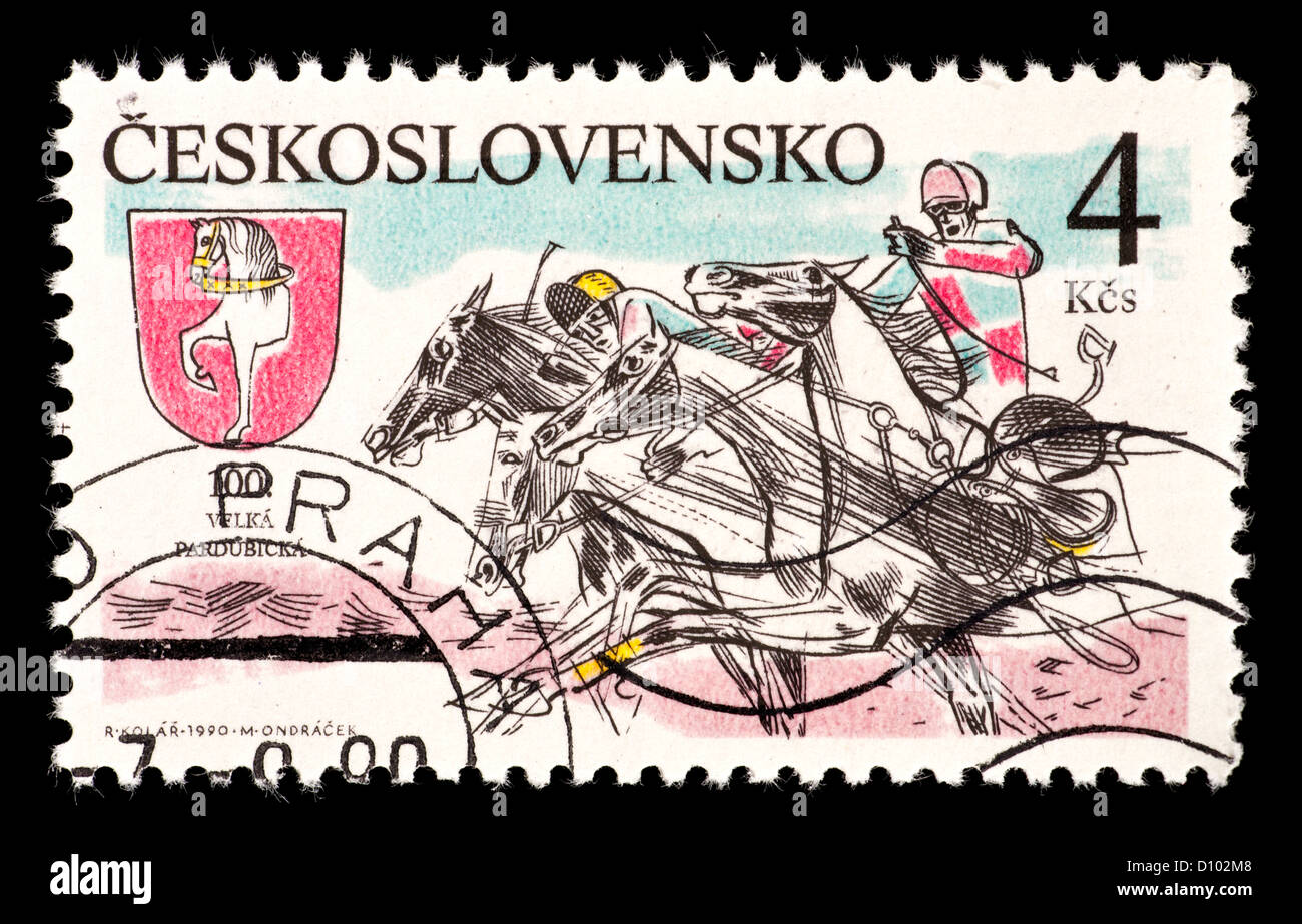 Postage stamp from Czechoslovakia depicting the Grand Pardubice Steeplechase, centennial event. Stock Photo
