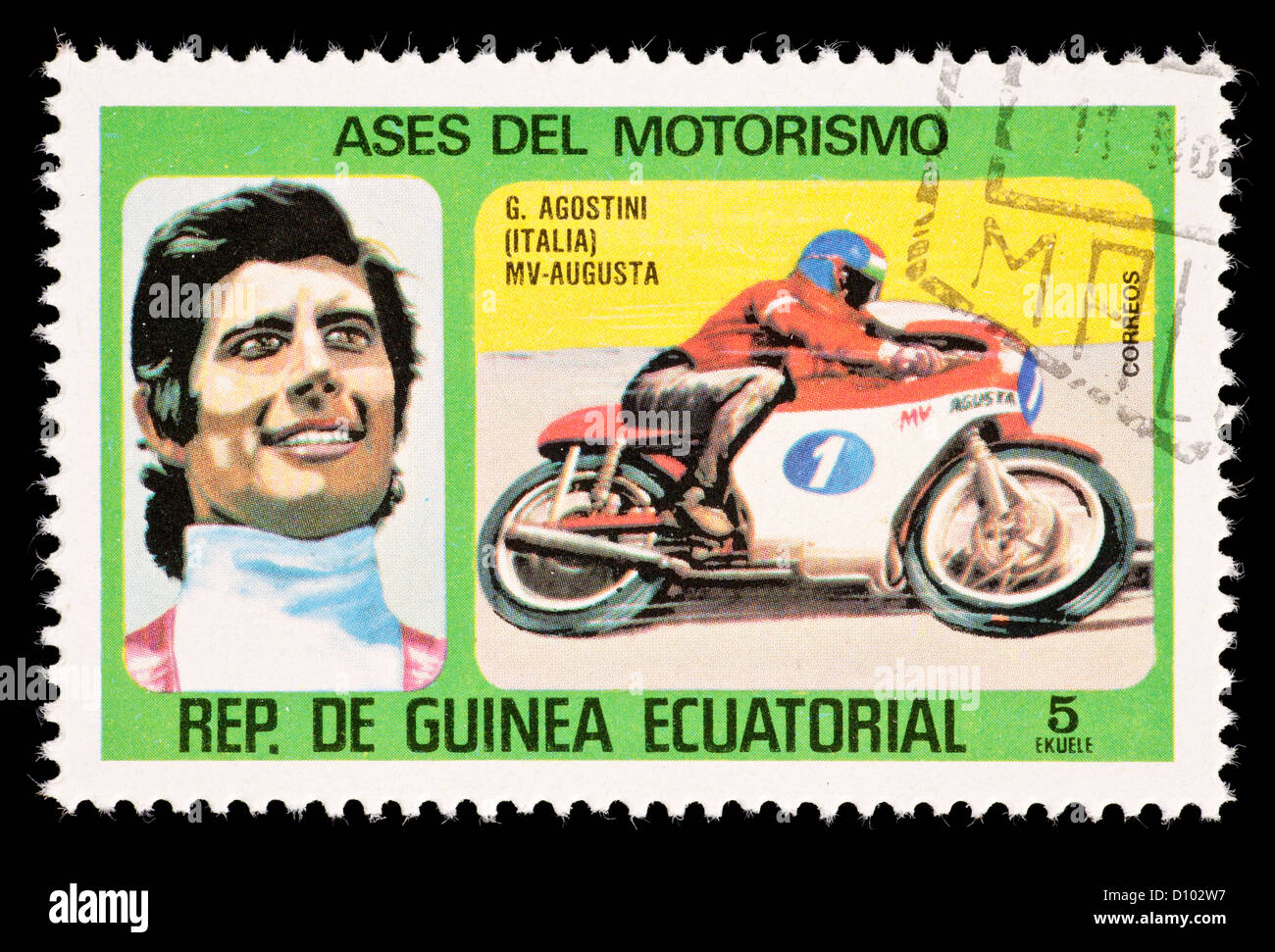 Postage stamp from Equatorial Guinea depicting a motorcyclist Stock Photo