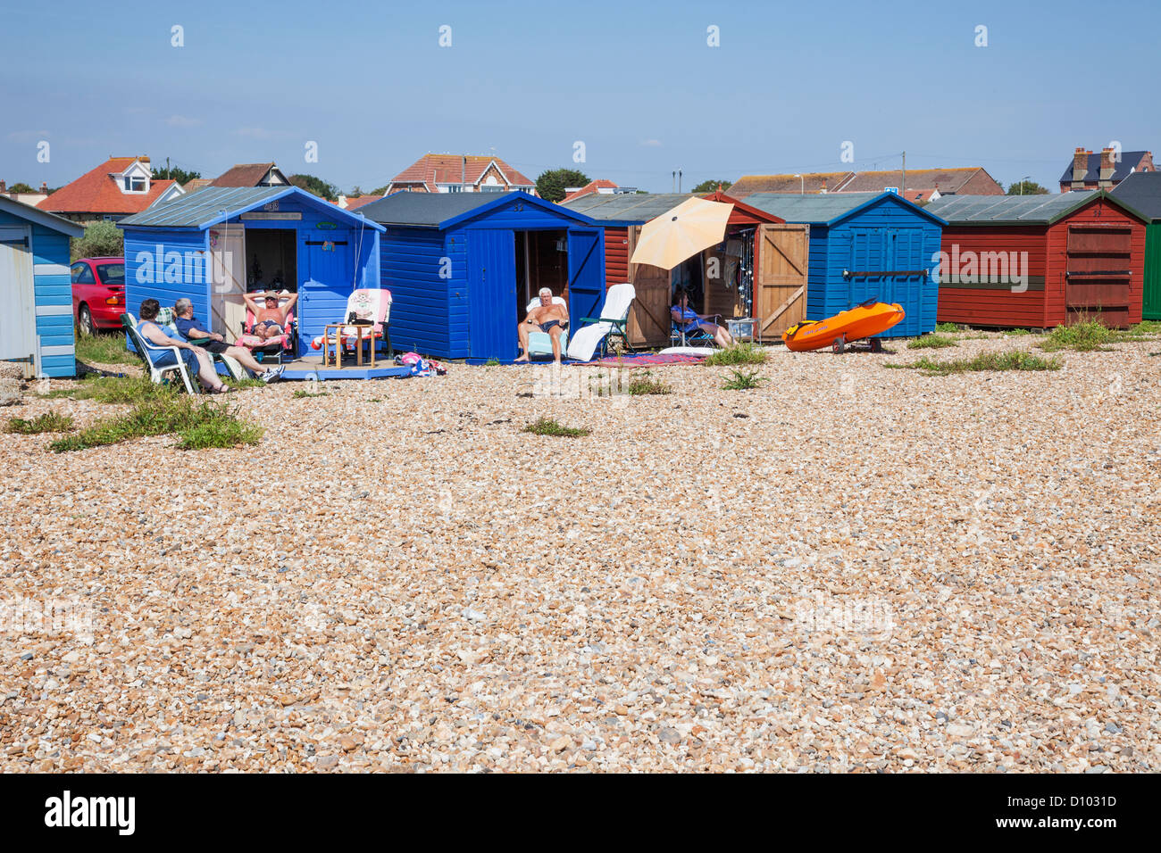 England, Hampshire, Hayling Island, Beach and Groin, Beach Huts Stock