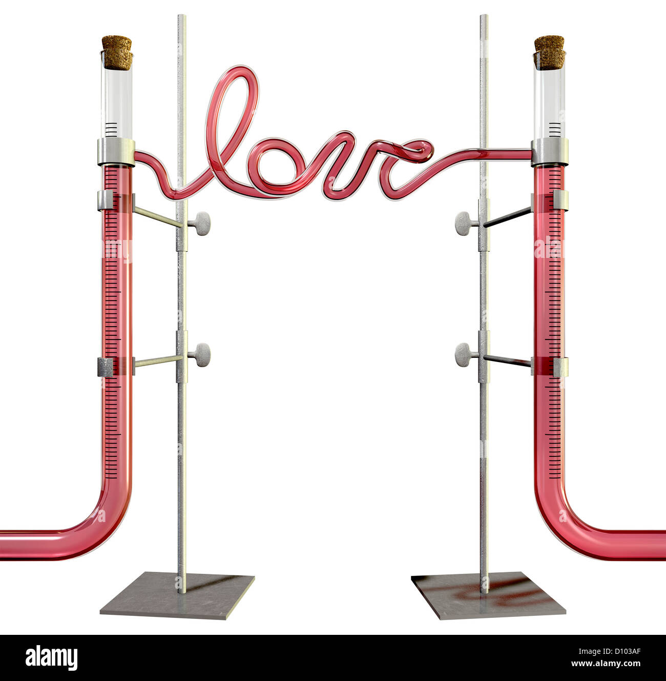 A front view of a regular glass chemistry set with the word love spelt out between two pipettes on an isolated background Stock Photo