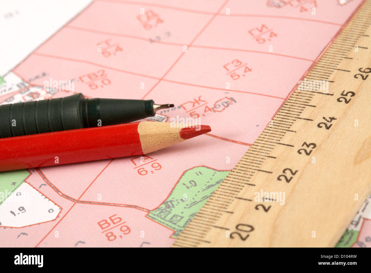 Topographic map of district with  ruler Stock Photo