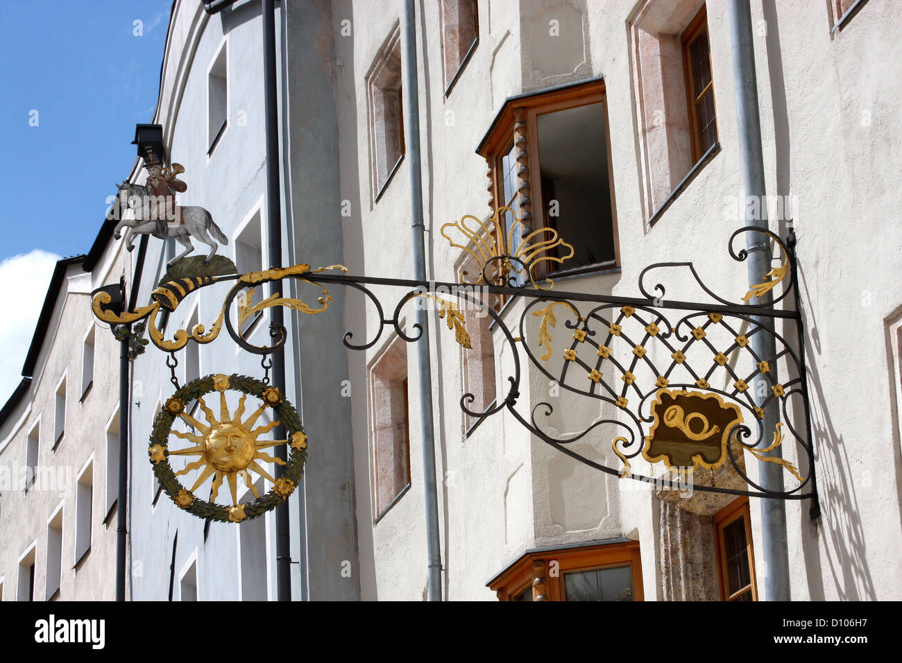 Attractive shop sign to be found  above shops in the town of RADFELD in the Austrian Tyrol. Stock Photo