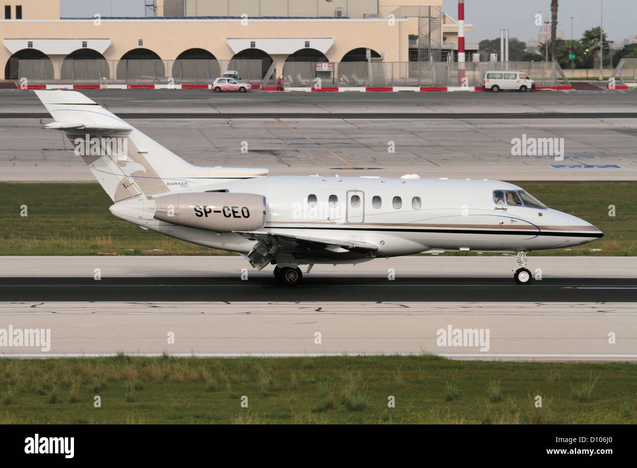 Hawker 750 private jet on arrival in Malta. Note the Hawker logo on the tail. Stock Photo