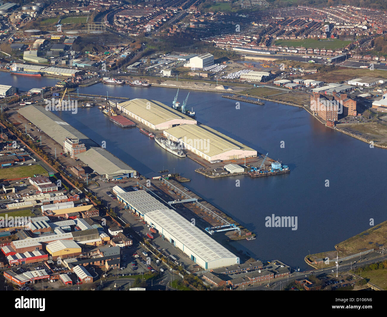 Aerial view of Birkenhead Docks, Merseyside, North West England Stock Photo