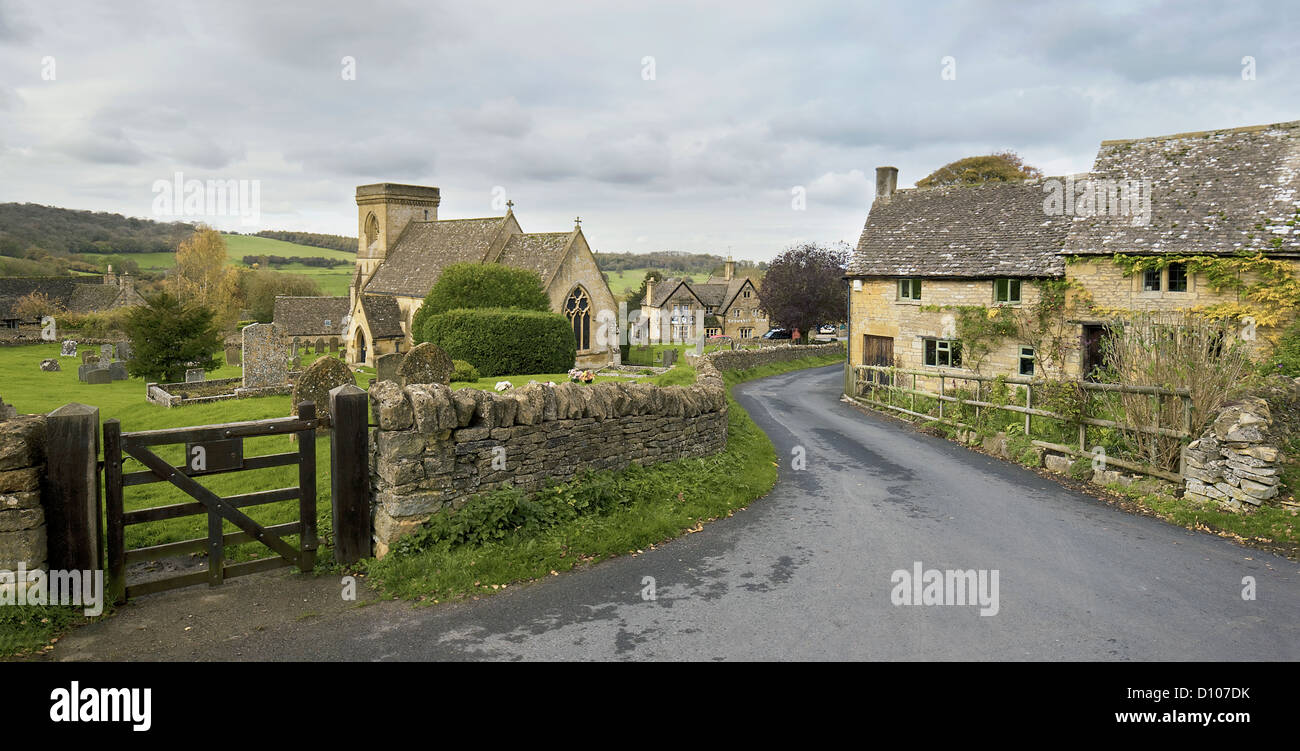 Panorama of the Cotswold village of Snowshill and the church of St. Barnabas near Broadway, Worcestershire, England, UK Stock Photo