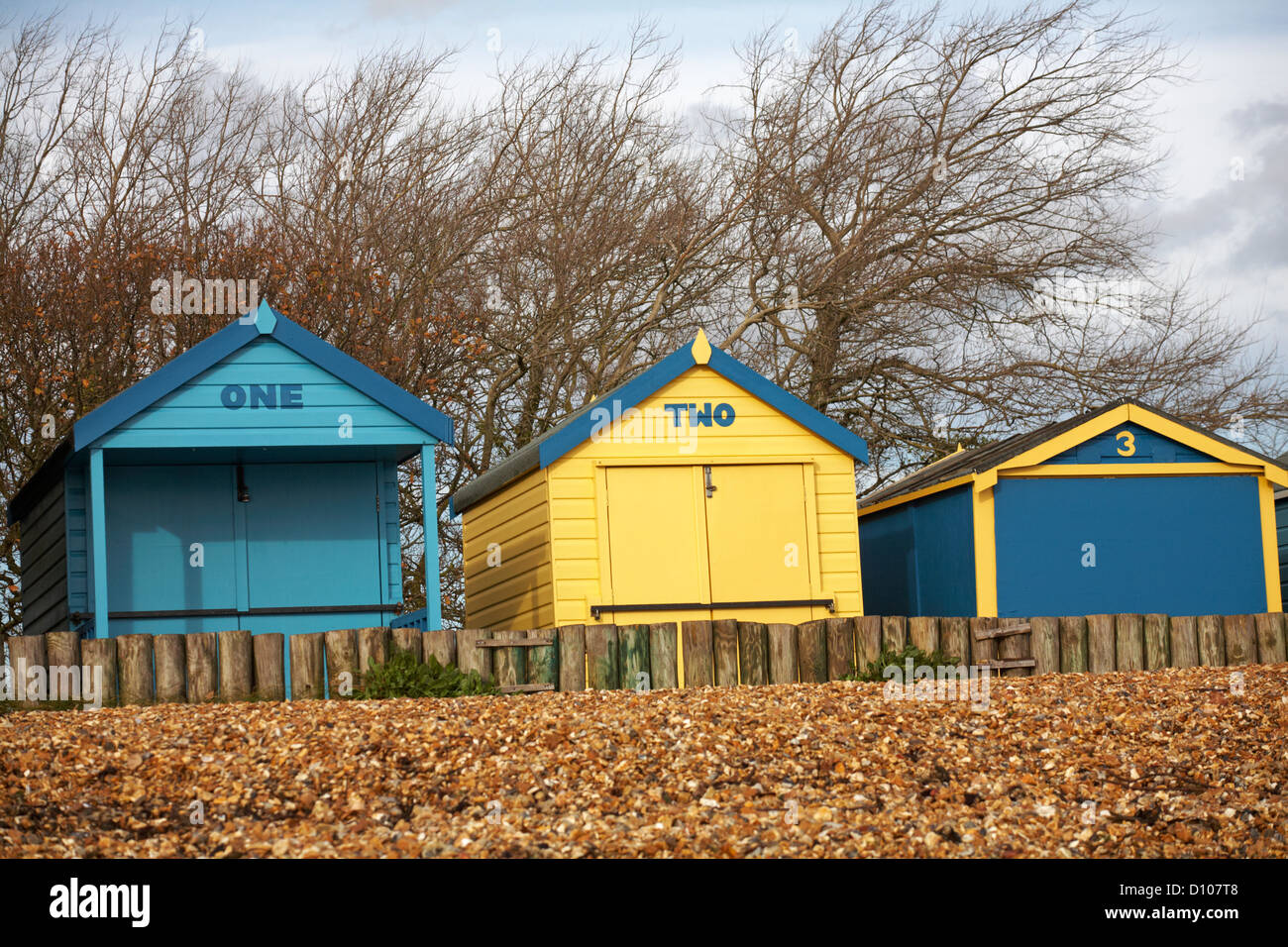 Beach huts One, Two, 3 at Calshot, Hampshire in November Stock Photo