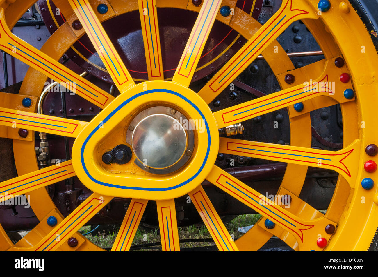 England, Dorset, Blanford, The Great Dorset Steam Fair, Steam Engine Wheel Detail Stock Photo