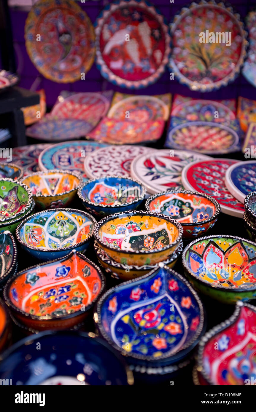Turkish small ceramic bowls on market stall, Turkey Stock Photo