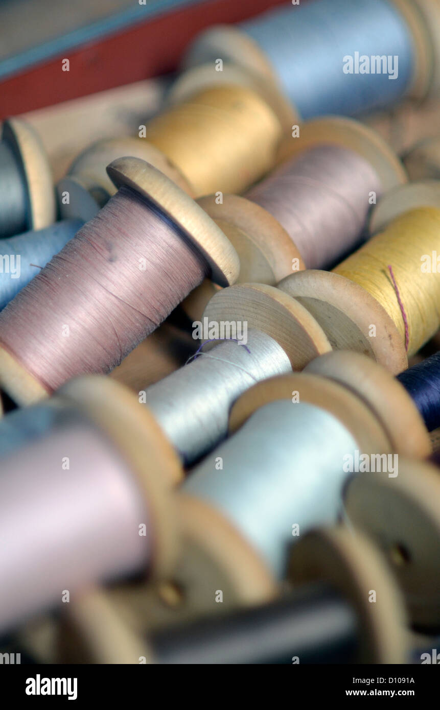 wooden cotton reels Stock Photo - Alamy