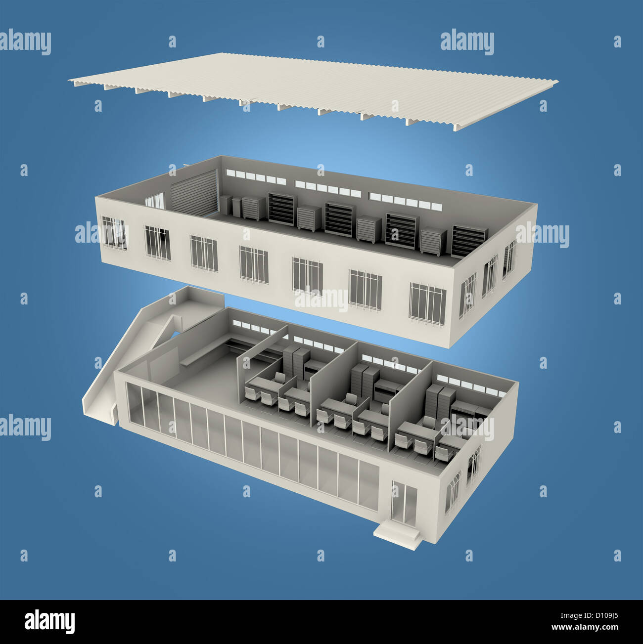 An exploded view of a small building layout showing two separated ...