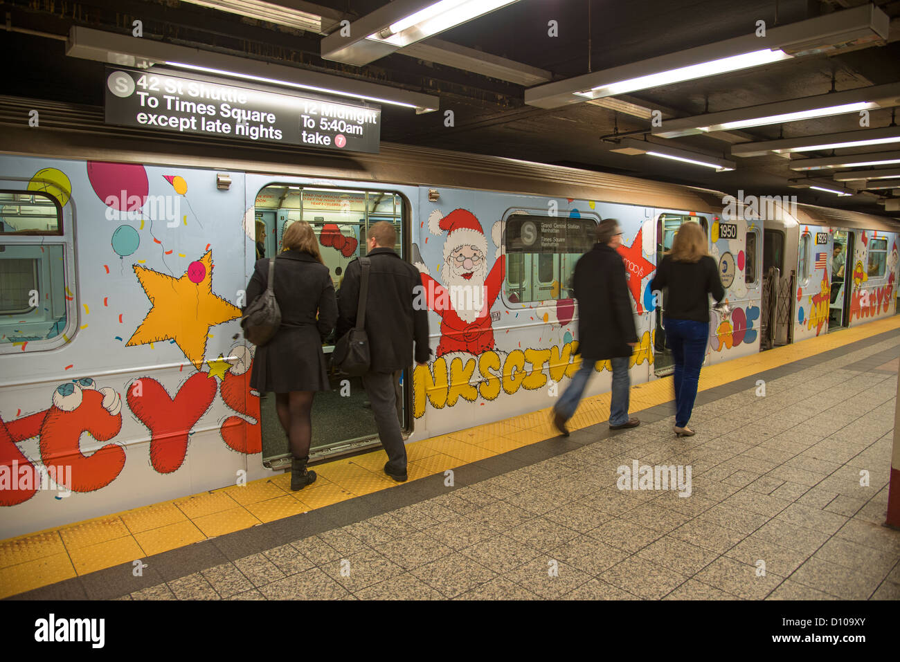 New York subway train sponsored by Macy's store with Christmas theme