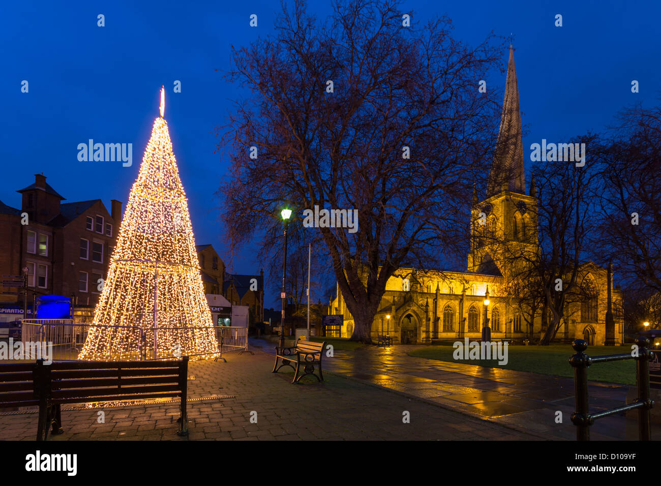 Chesterfield market town in Derbyshire with Christmas light