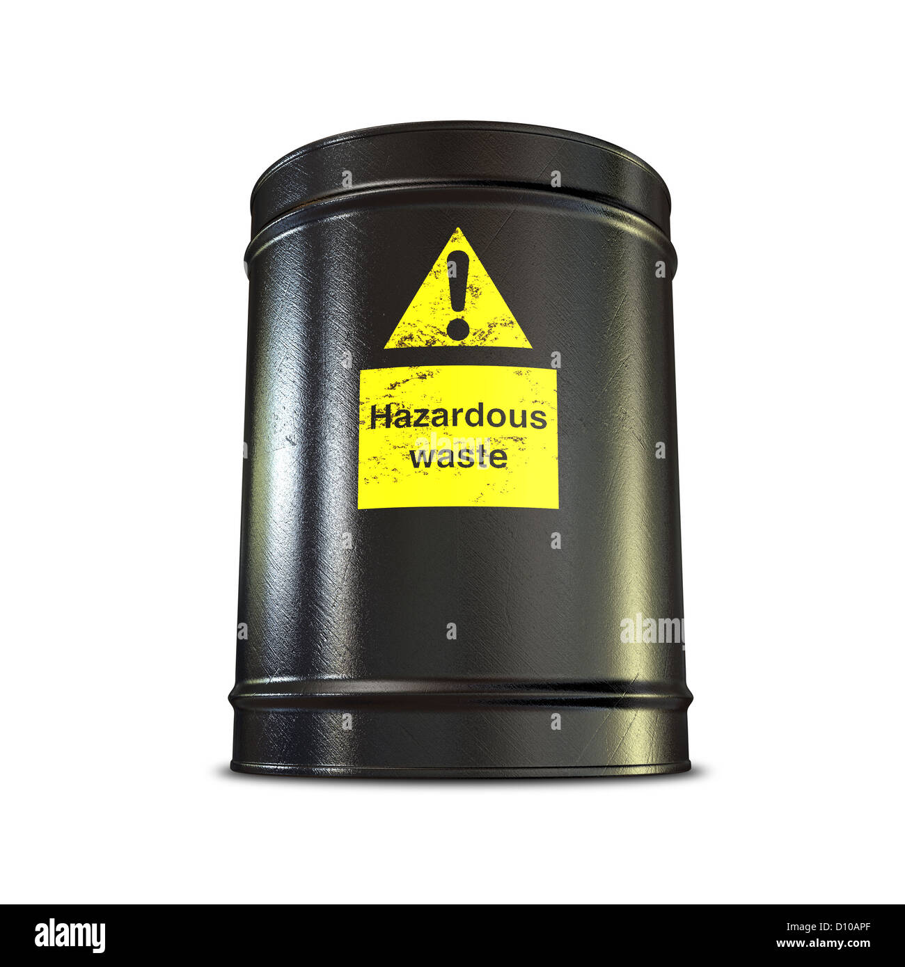 A black metal barrel with a yellow hazardous waste label on an isolated