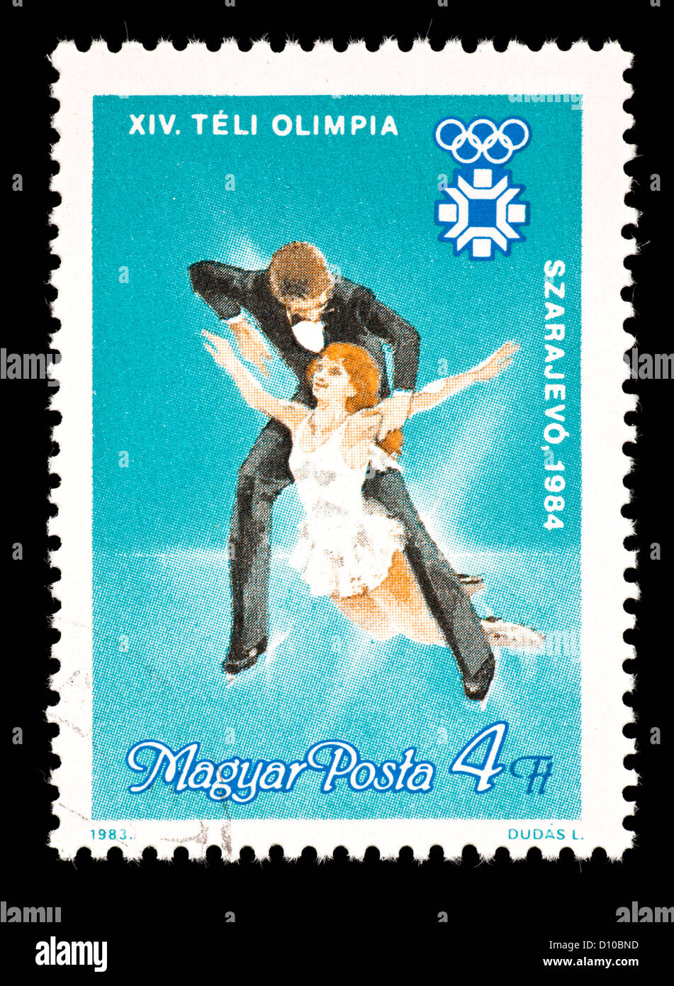 Postage stamp from Hungary depicting ices dancers performing a figure
