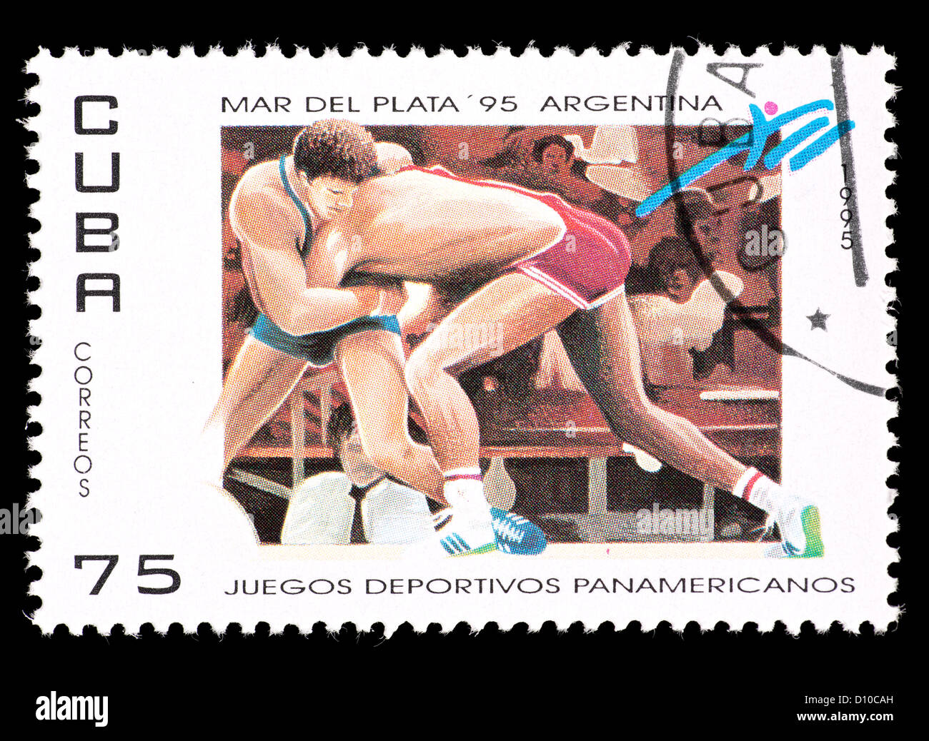 Postage stamp from  Cuba depicting Greco-roman wrestling. Stock Photo
