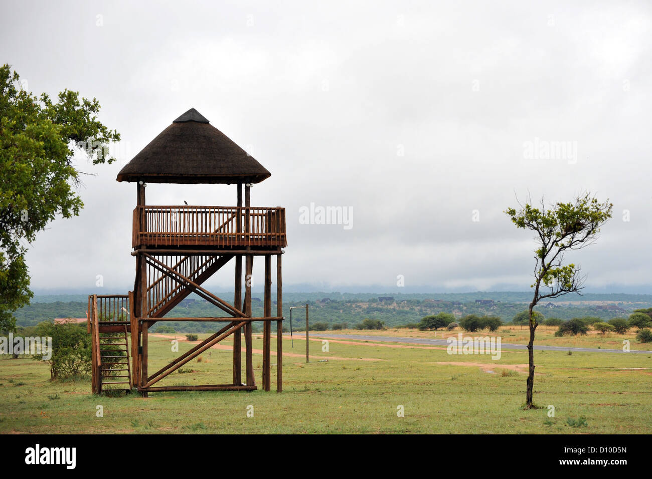 A wooden control tower at a South African bush airstrip. Stock Photo