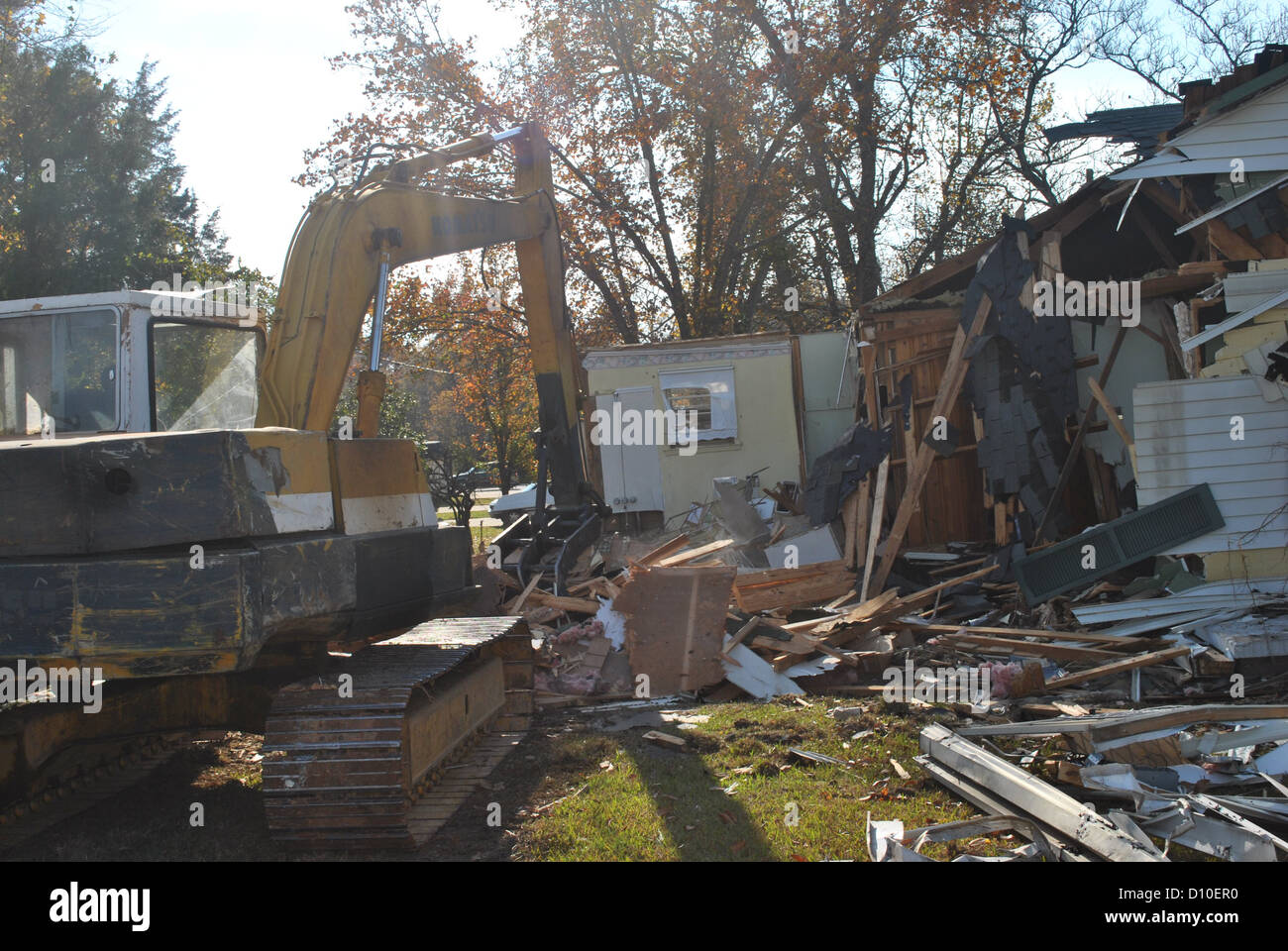 demolition  of  a  tornado  storm  damaged  house Stock Photo